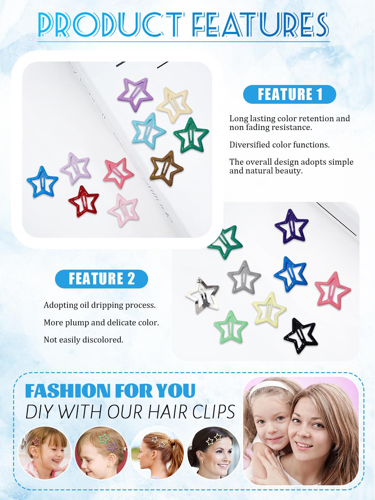 52PCS Star Hair Clips for Girls, CYHYII Star Snap Hair Clips Non-slip Hair Barrettes Silver Metal Colorful Cute Hairpins Hair Accessories for Women Kids Teens