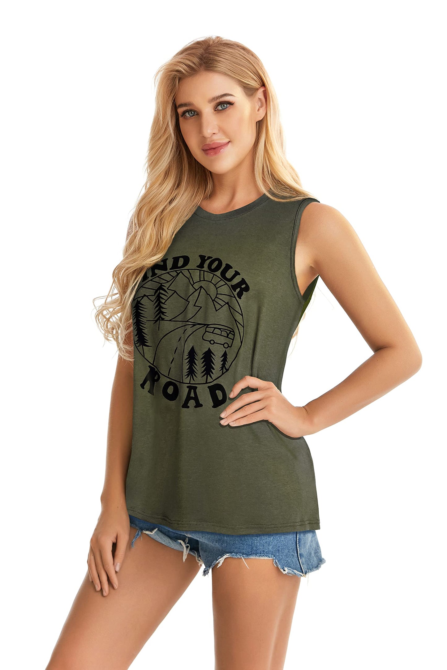 Tank Tops for Women Summer Find Your Round Graphic Tshirts Sleeveless Casual Ladies Loose Tunic Blouse (Amy Green, S)