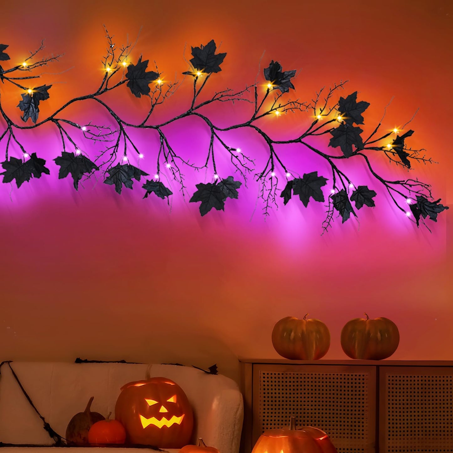 [ 8 Modes & Timer] 6 Ft Halloween Maple Leaf Willow Vine Garland Decorations Clearance with 54 LED Orange & Purple Lights, Battery Operated Waterproof Halloween Decor for Home, Indoor, Wall, Fireplace