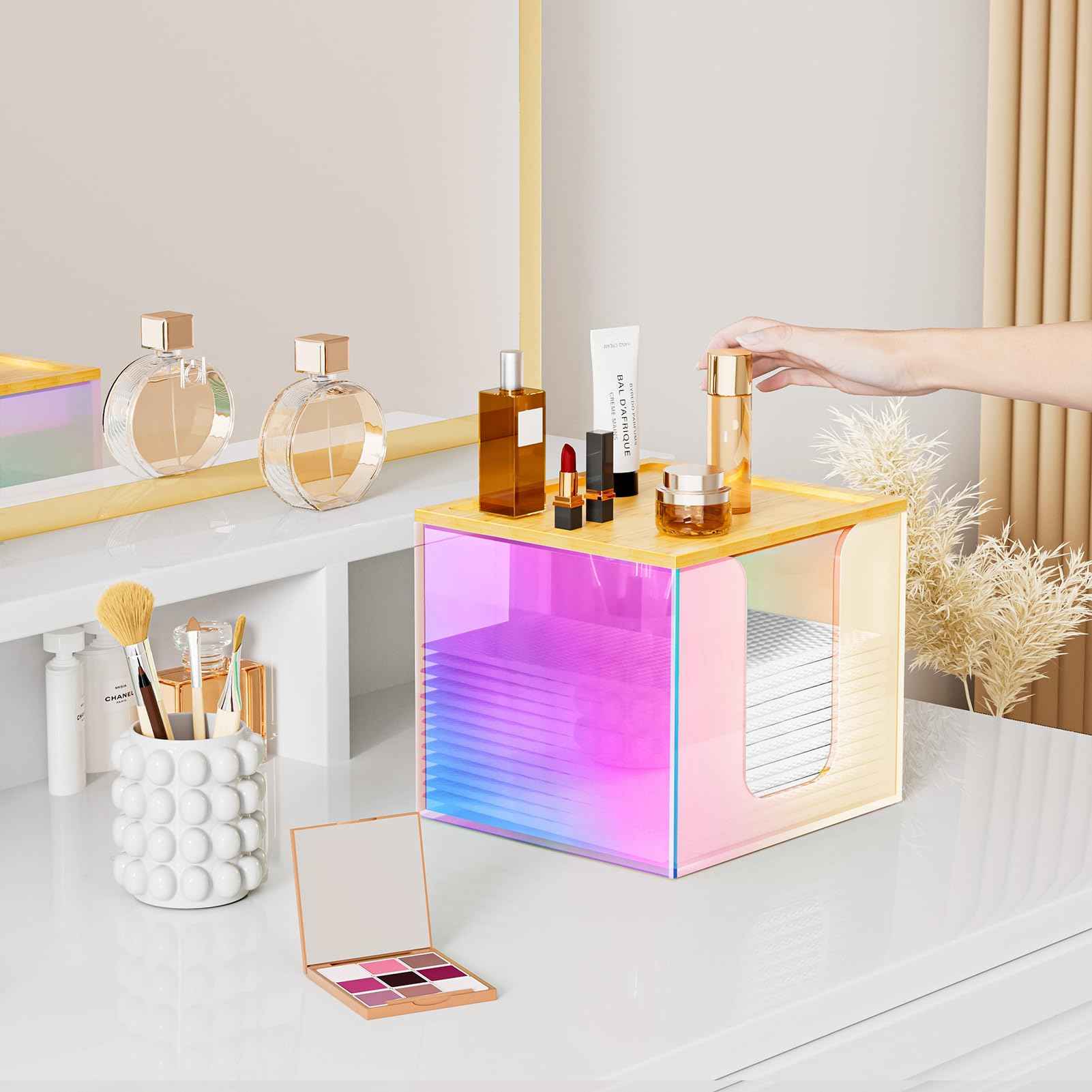 VITVITI Disposable Face Towel Holder Box, Acrylic Facial Towel Container for XL Clean Skin Club, Large Disposable Face Towels Storage with Bamboo Lid, for Bathroom, Vanity Makeup, Rainbow