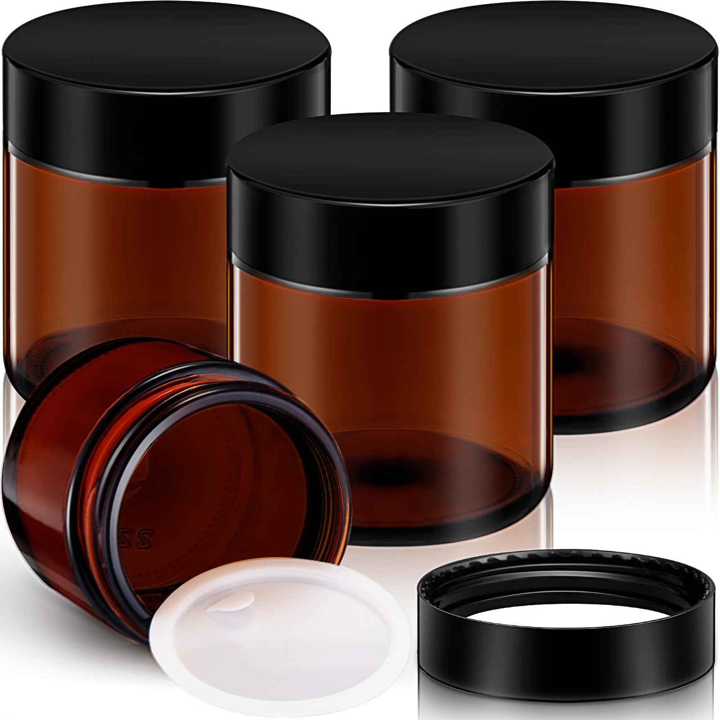 Patelai 4 oz Glass Jars with Lids, 4 Pack Amber Cosmetic Jars with Black Lids Leakproof and Dishwasher Safe for Travel Storage Makeup, Cream,Lotion,Ointments