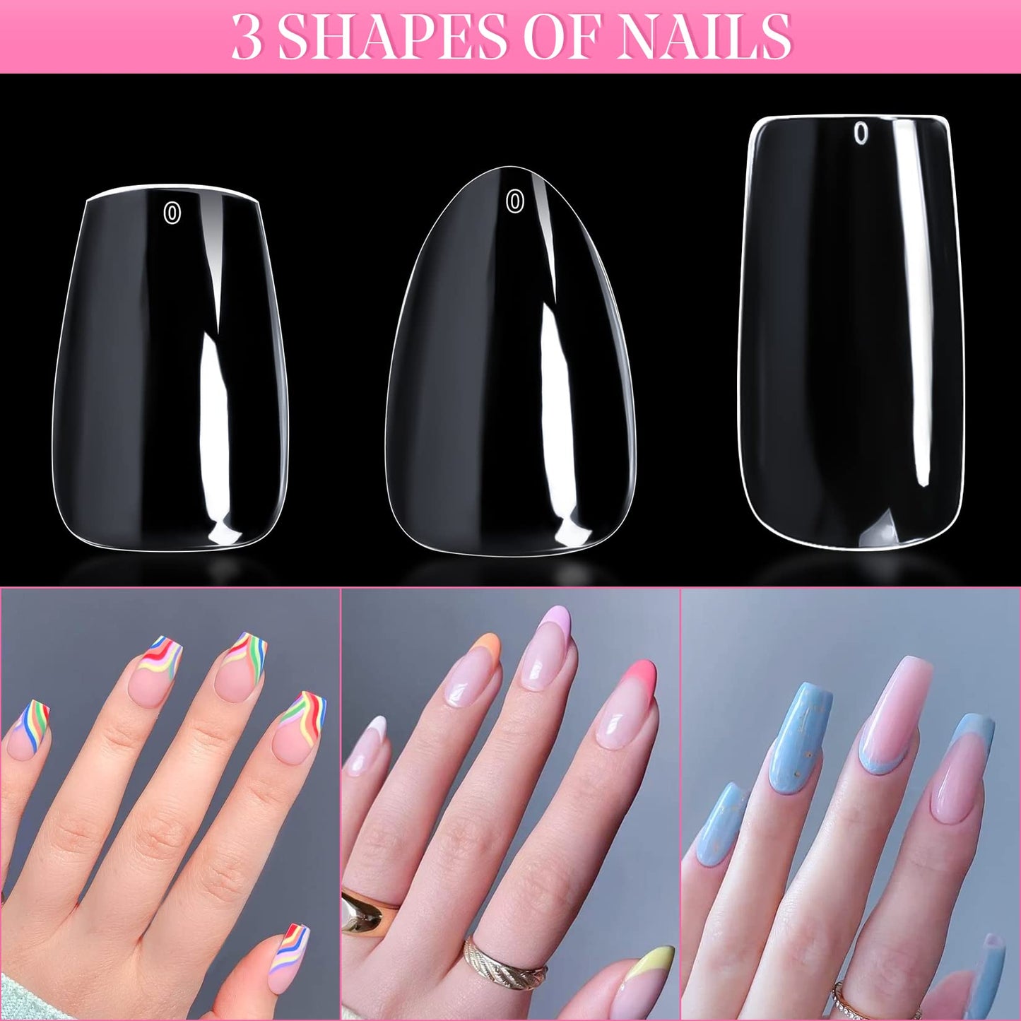 720PCS Clear Nail Tips krofaue 3 Styles False Nails Kit Soft Gel Nail Tips Short Almond Nails Square False Nails Coffin Nails Tips with Box for Artificial Press on Nails Extension Art DIY Home