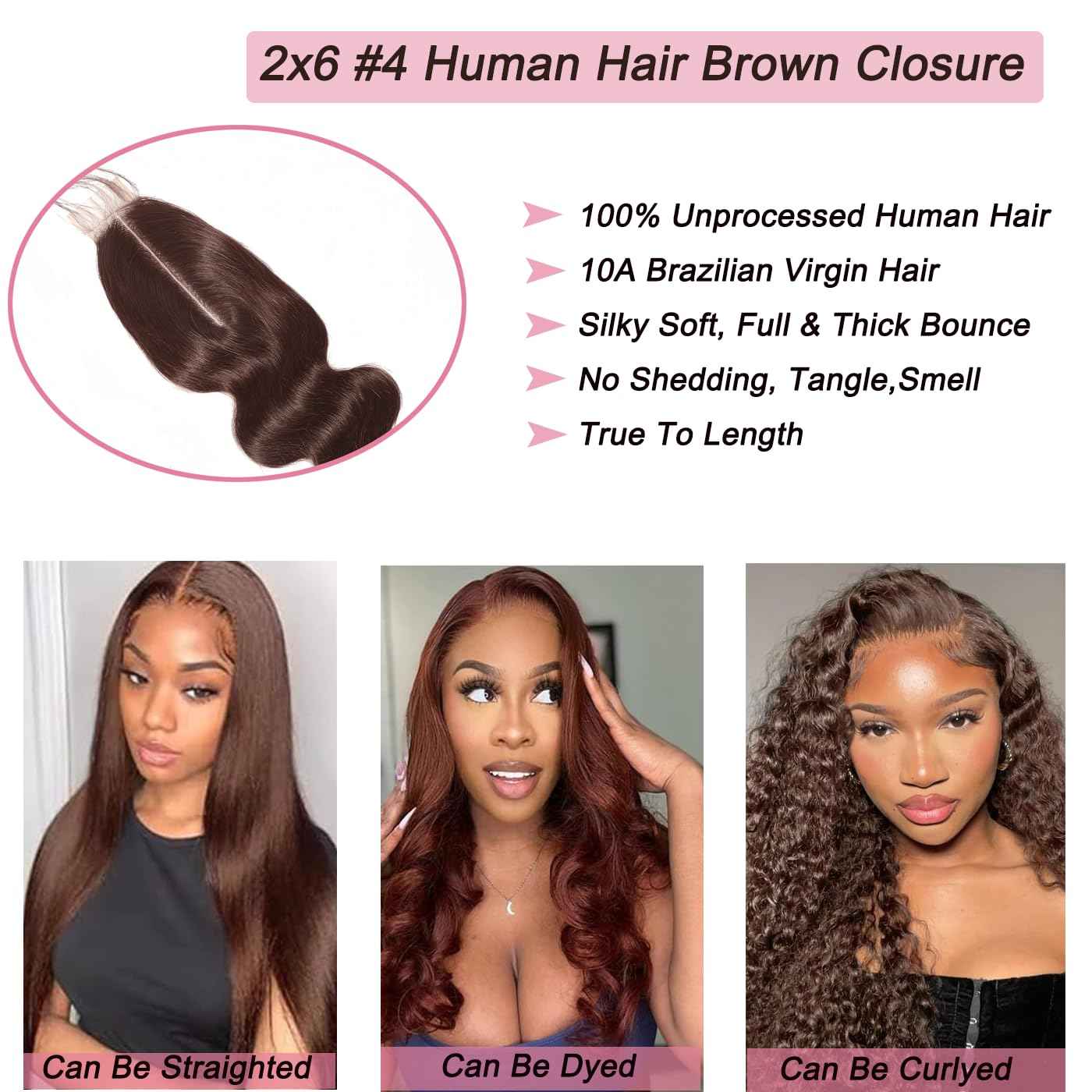 2x6 Transparent Lace Closure Chocolate Brown 4# Closure 100% Human Hair Body Wave Natural Hairline With Baby Hair Deep Part Pre-Plucked 16 Inch
