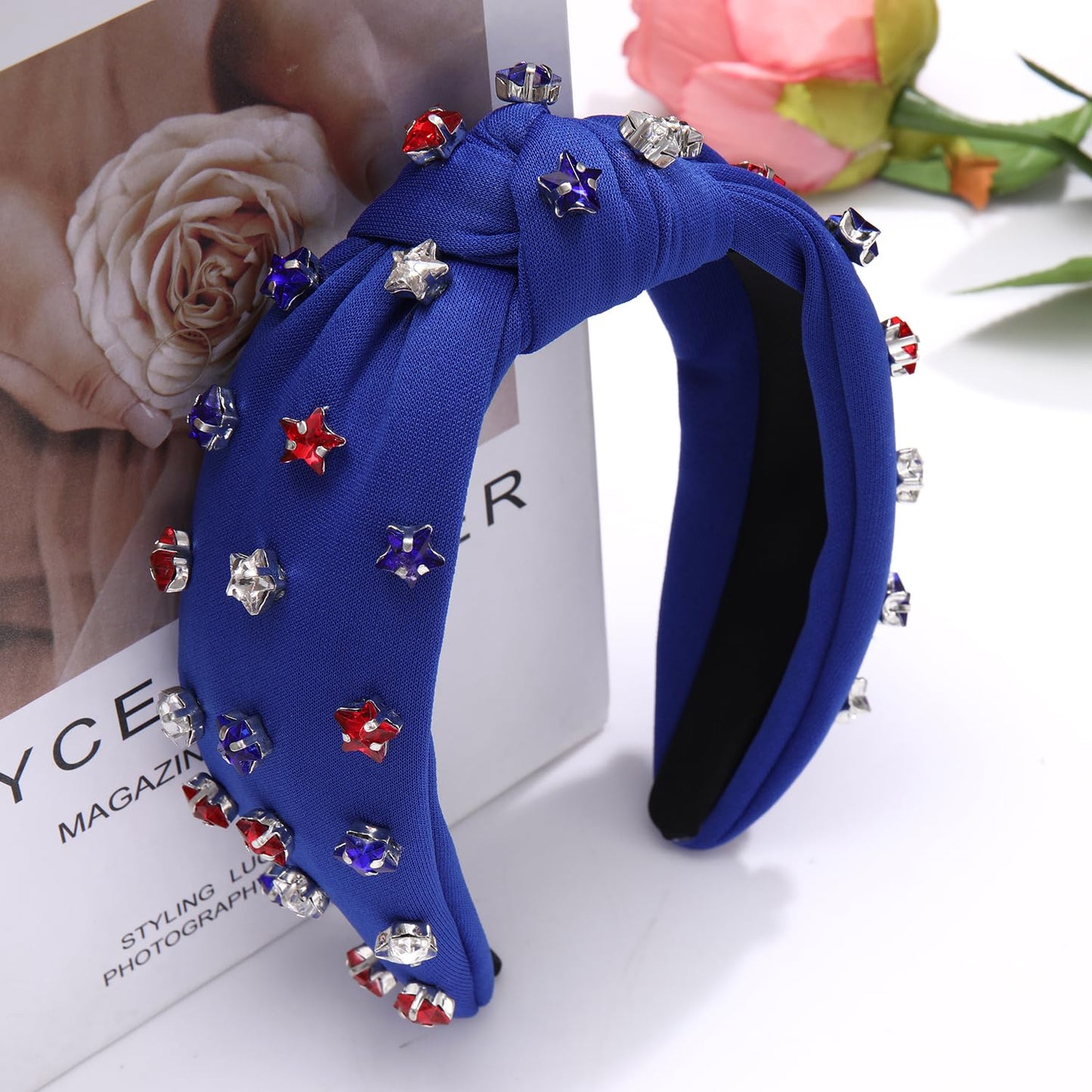 4 th of July Headband for Women American Flag Knottted Headband Red White Blue Crystal Star Charm Headpiece Fourth of July Patriotic Top Knot Wide Hairband Independence Day Party Favor Decor (blue knot headband)