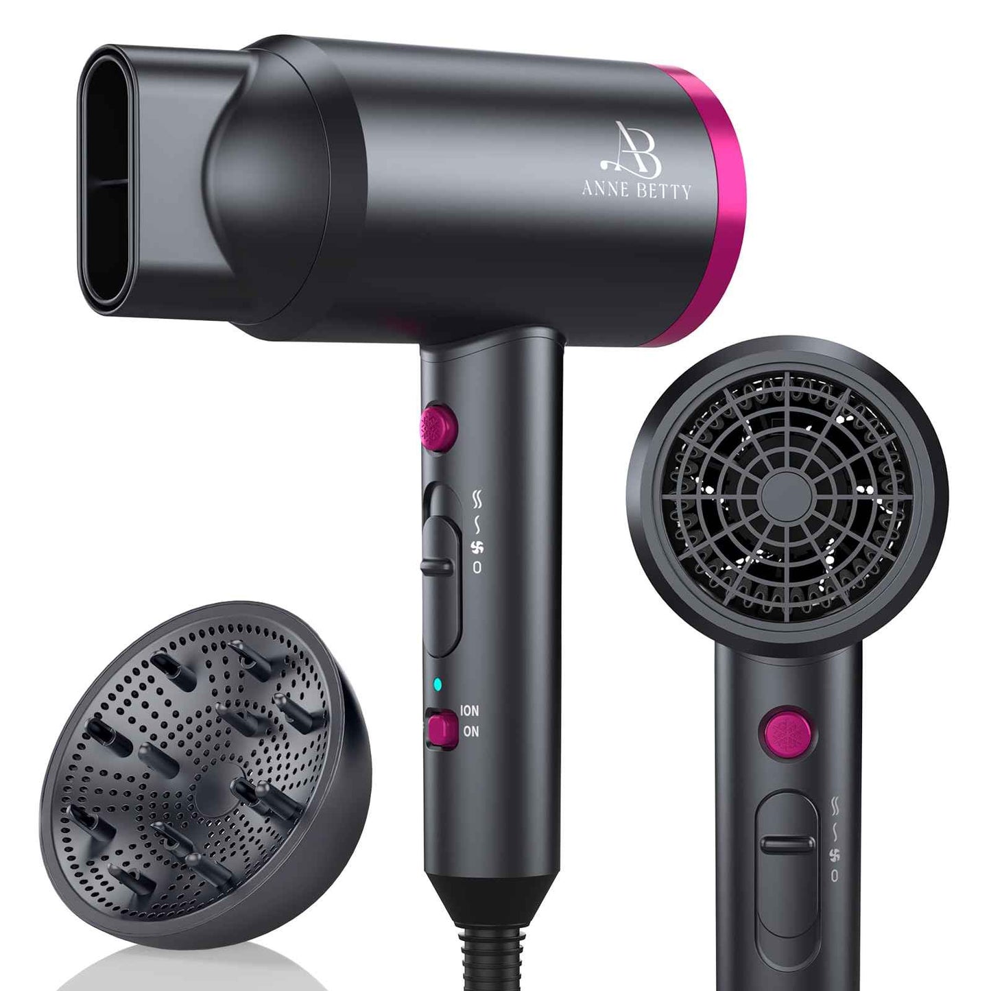 ANNE BETTY Hair Dryer with Diffuser for Curly Hair, 1800W Ionic Blow Dryer for Women & Men, Fast-Drying, Lightweight, Low Noise, Hair Care Styling Tool for Home, Travel
