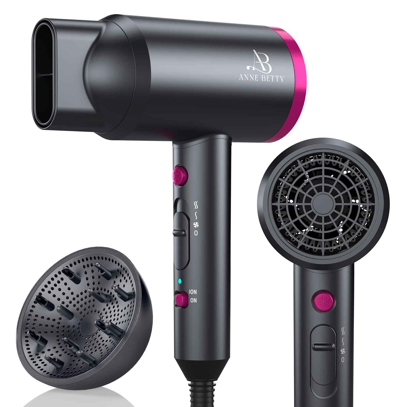 ANNE BETTY Hair Dryer with Diffuser for Curly Hair, 1800W Ionic Blow Dryer for Women & Men, Fast-Drying, Lightweight, Low Noise, Hair Care Styling Tool for Home, Travel