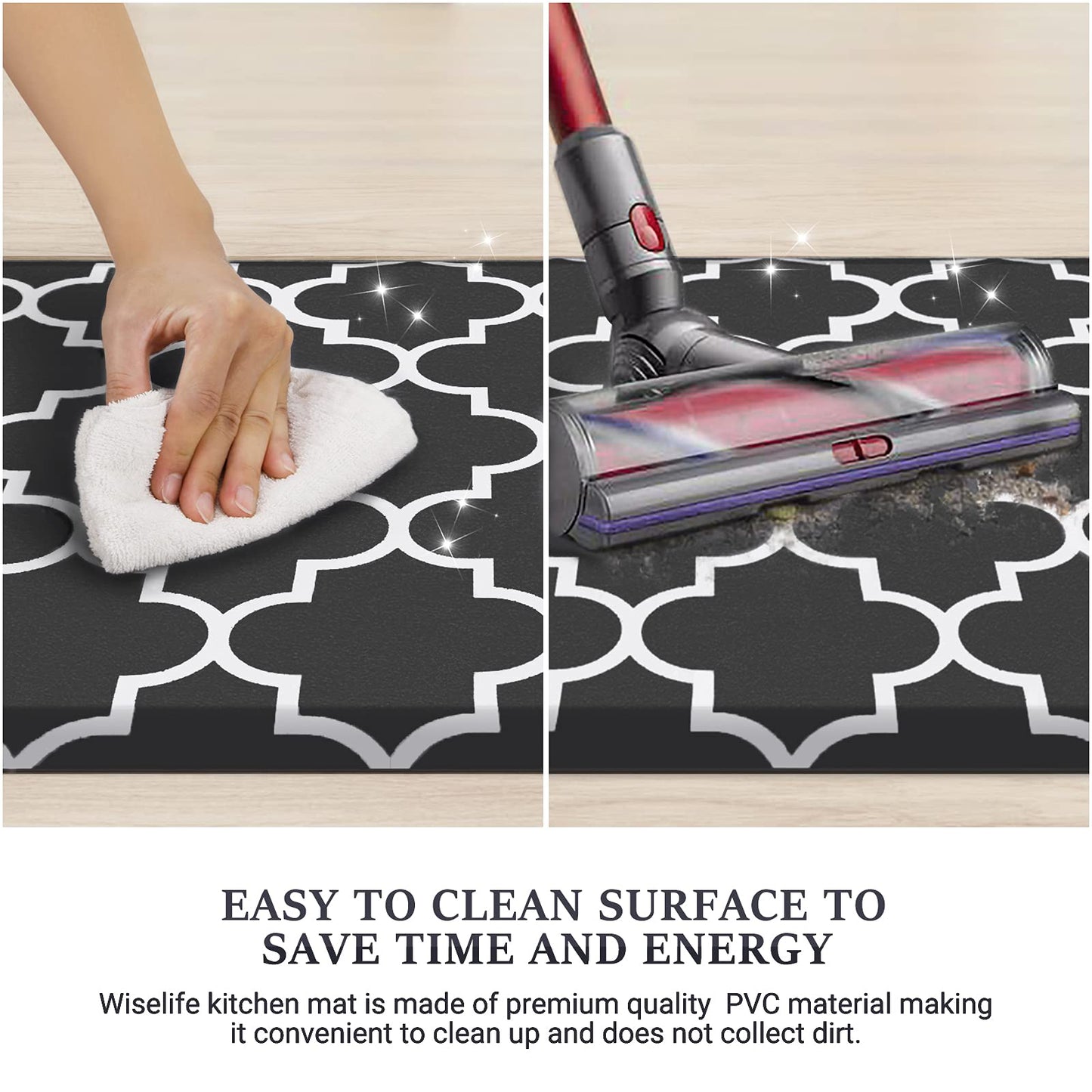 WISELIFE Kitchen Mat Cushioned Anti-Fatigue Kitchen Rug,17.3"x 60",Non Slip Waterproof Kitchen Mats and Rugs Heavy Duty PVC Ergonomic Comfort Mat for Kitchen, Floor Home, Office, Sink, Laundry,Black