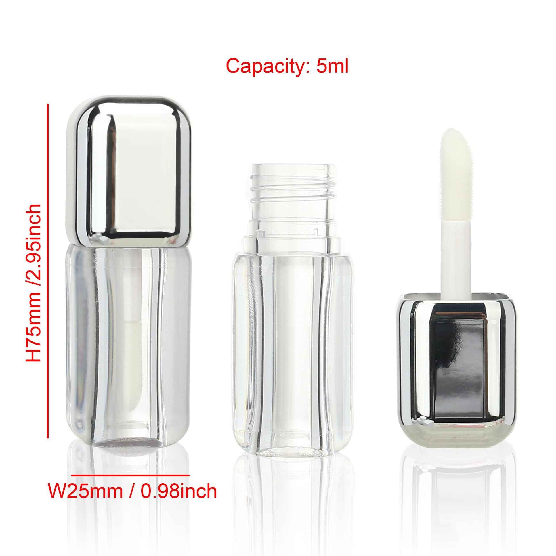 COSIDEA 16pcs Silver 5ml Square big wand lip gloss tubes for DIY lipgloss containers tubes with large doe foot applicator