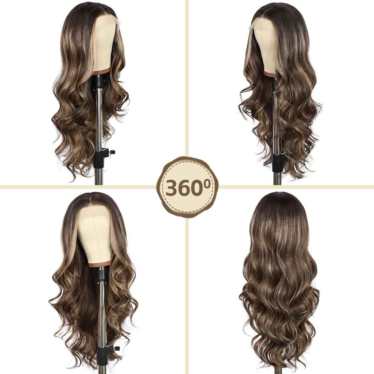 BABEHERS Brown Lace Front Wig for Women 13x4 Highlight synthetic Wig Pre-plucked Body Wave Long Wavy 150% Density Heat Resistant Hair for Daily Party Use 26 Inch