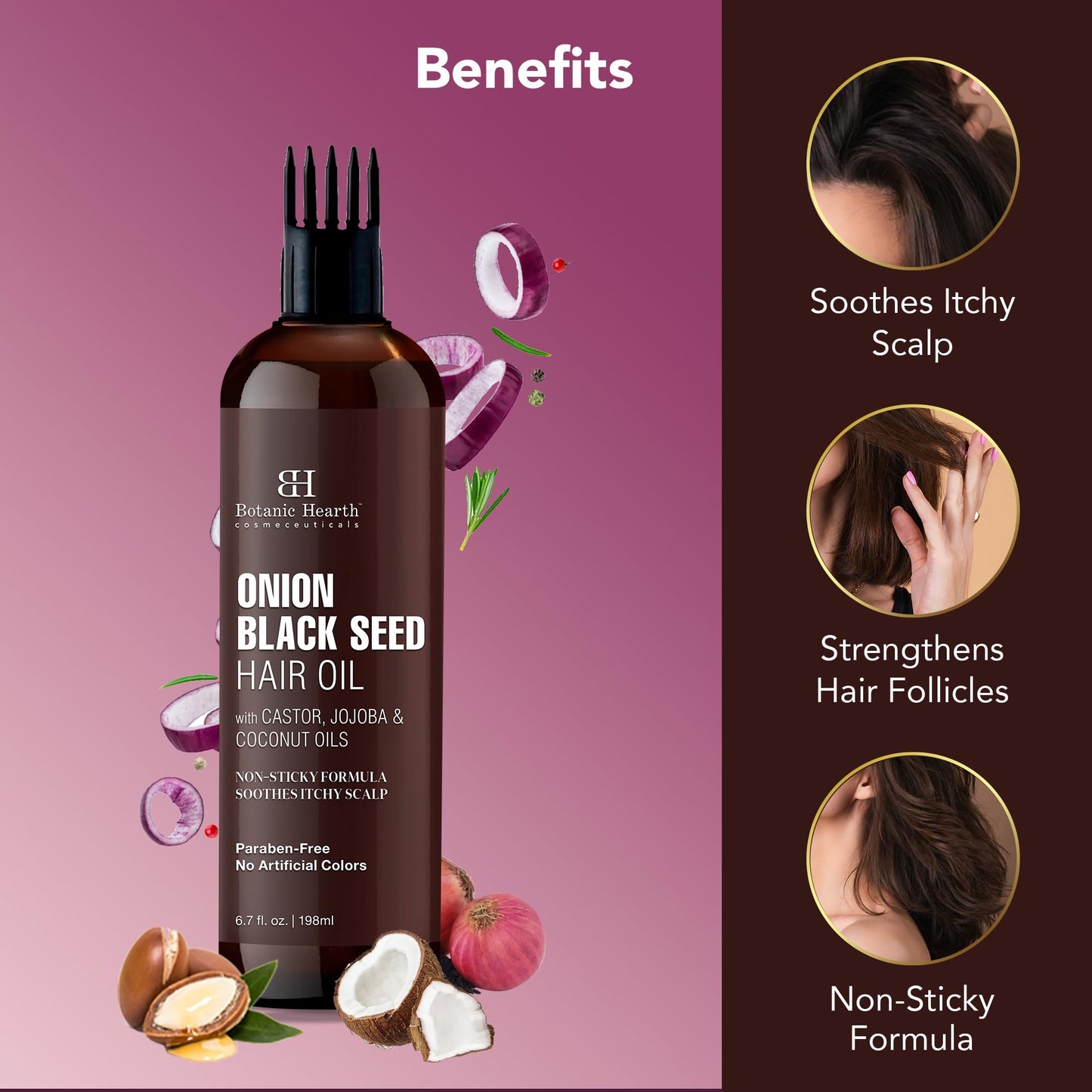 Botanic Hearth Onion Black Seed Hair Oil | Soothes Itchy Scalp, Strenghthens Hair | With Castor, Jojoba & Coconut Oils | Hair Fall & Hair Loss Control | With Comb Applicator | 6.7 fl oz