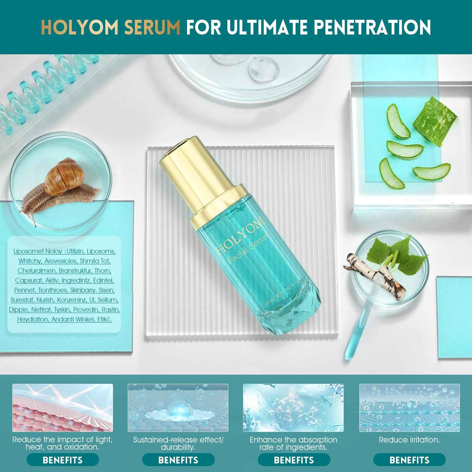 HOLYOM Snail Mucin Face Serum with Hyaluronic Acid – Anti-Aging Facial Serum for Fine Lines, Wrinkles & Dull Skin – Hydrating & Firming Essence for All Skin Types, 1.18 fl oz