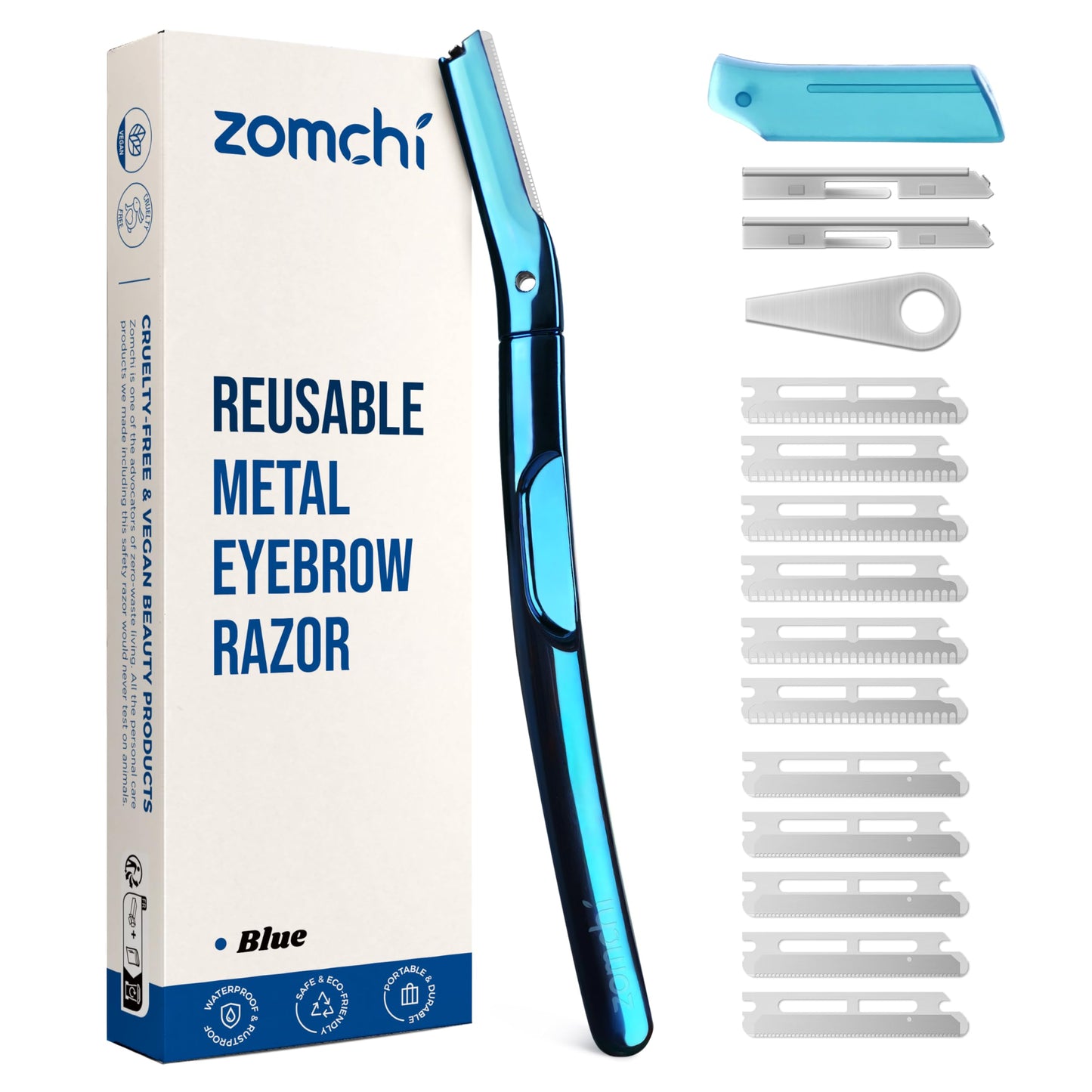 ZOMCHI Eyebrow Razor, Face Razors for Women&Men, Eyebrow Trimmer with Protective Silicone Cap, Dermaplane Razor-Easy&Safe Hair Removal(Blue,11 Blades)