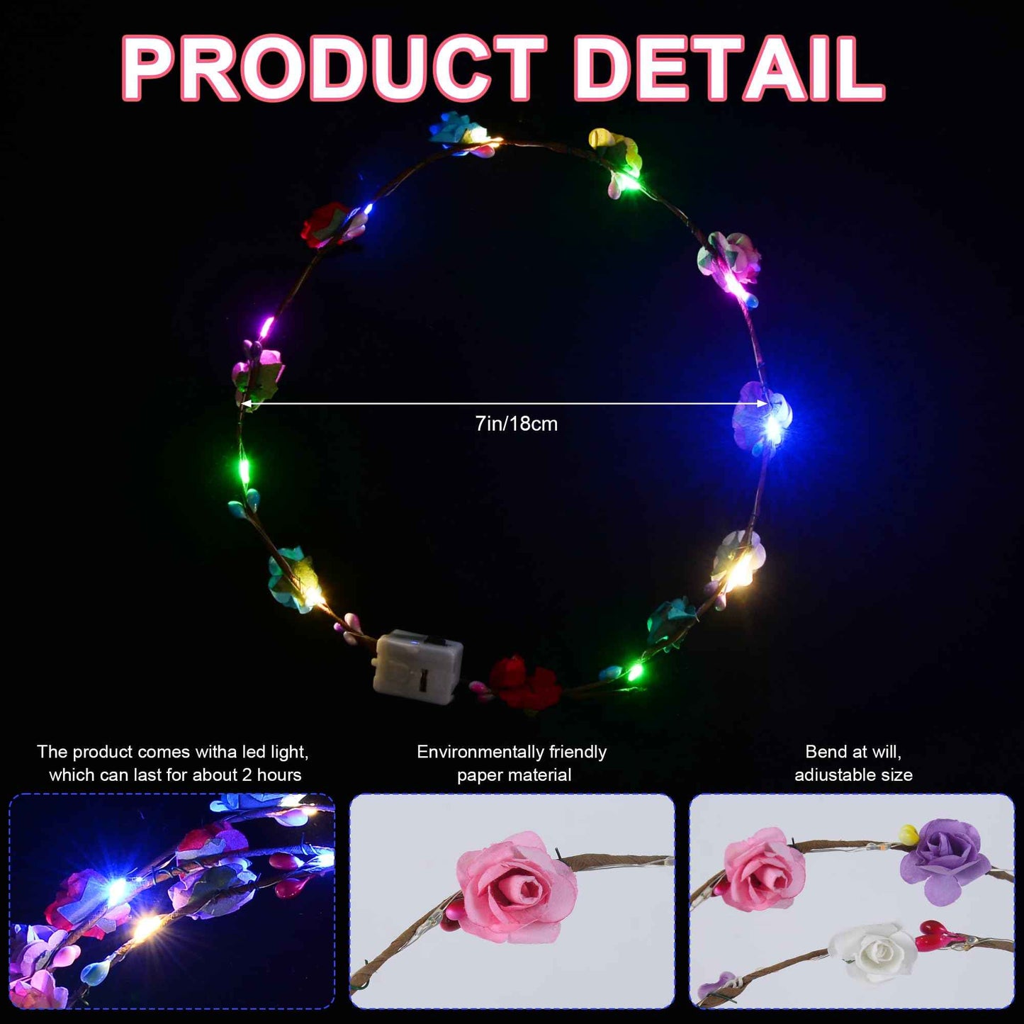QSJQllo 50 Pcs LED Flower Crowns Headbands,Light up Headbands For Women,Glow in The dark headband wreath,Suitable for birthdays, weddings, Halloween, Christmas, Role-Playing,Beach Parties