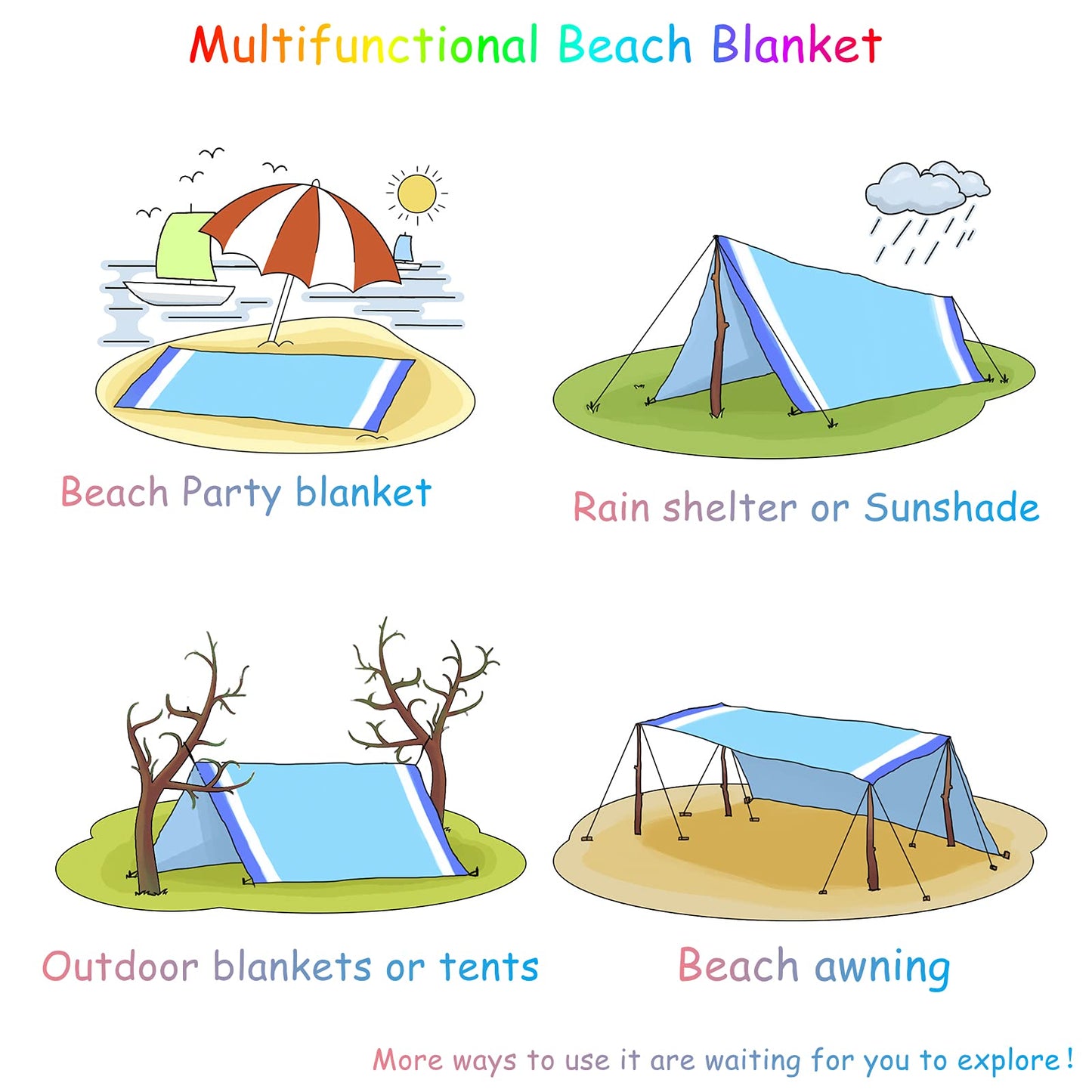 BYDOLL Beach Blanket 78''×81'' 4-7 Adults Oversized Lightweight Waterproof Sandproof Beach Blanket Large Picnic Mat Beach Blanket for Beach Travel Camping Hiking Picnic(78" X 81", Blue-Grey)