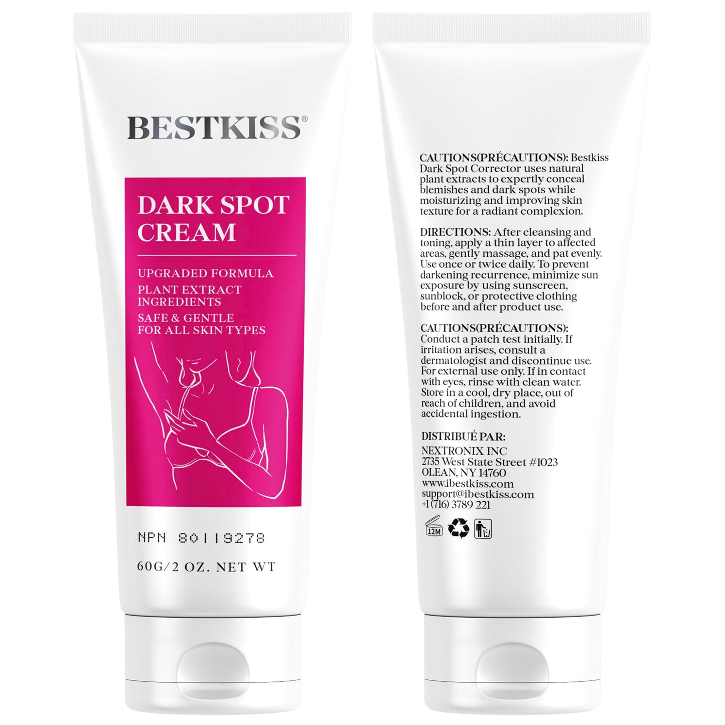 Bestkiss Dark Spot Corrector Cream: Dark Spot Remover for Body - Faded Spot Age Spot Melasma Correcting Brightening Moisturizer for Underarm Neck Bikini Area - Patented Skin Care Formula 60 g/2 OZ