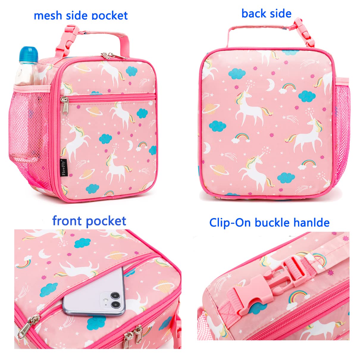 FlowFly Kids Lunch box Insulated Soft Bag Mini Cooler Back to School Thermal Meal Tote Kit for Girls, Boys, Unicorn