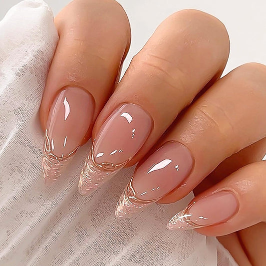 YOSOMK French Tip Fake Nails Almond Medium Press on Nails with Sequins Designs Glossy Full Cover False Nails Nude Glue on Acrylic Nails Manicure for Women