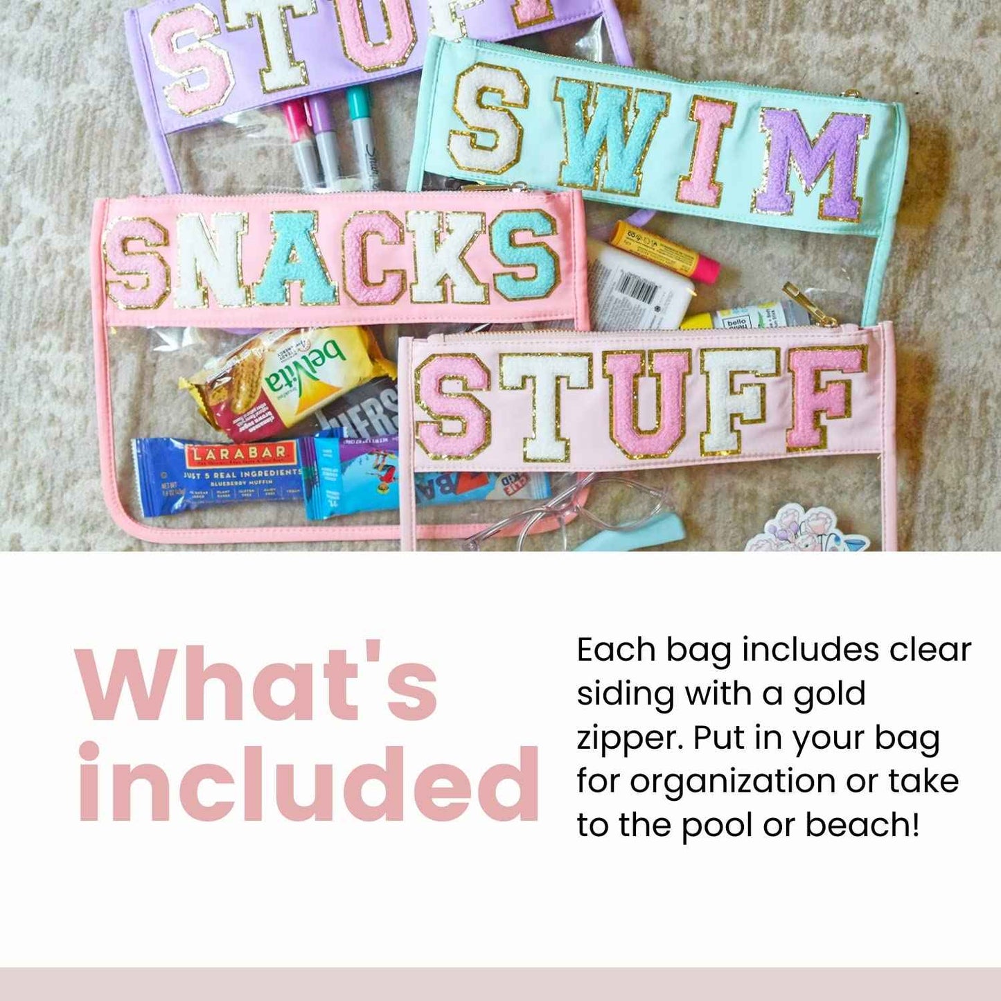 Snack Pouch with Chenille Letters, Snacks Bag for Travel Makeup Bag Cosmetic Pouch Varsity Letter Patches, Vacation Essentials