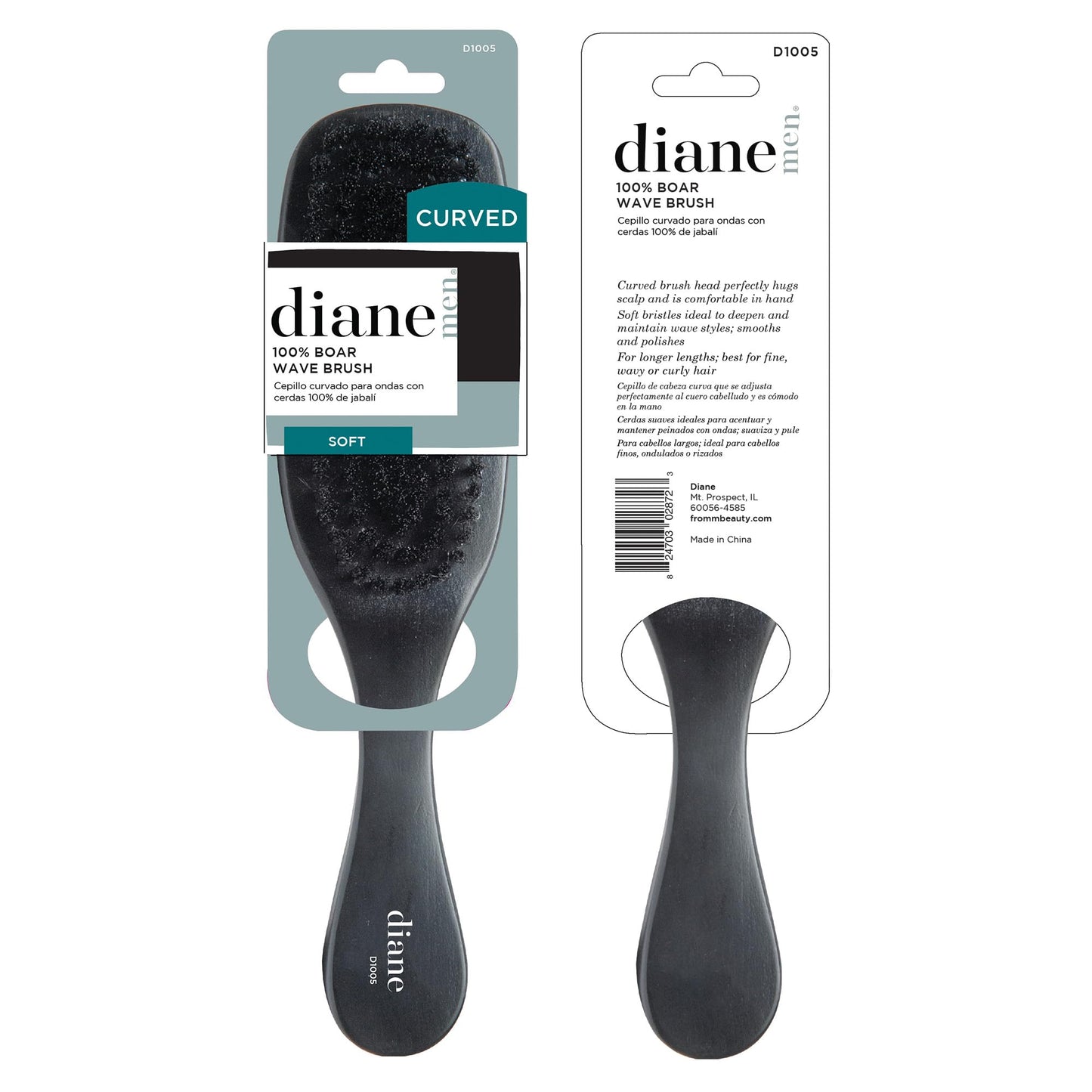 Diane Boar Curved Wave Brush for Men and Women - Black, Soft Bristles for Fine to Medium Hair - Use for Detangling, Smoothing, Wave Styles, Soft on Scalp, Restore Shine and Texture