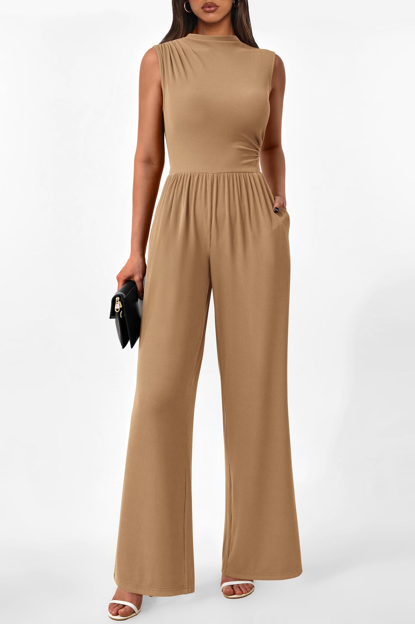 PRETTYGARDEN Womens Summer Jumpsuits Dressy Casual One Piece Outfits Sleeveless Mock Neck Wide Leg Pants Rompers with Pockets (Style2-Camel,Small)