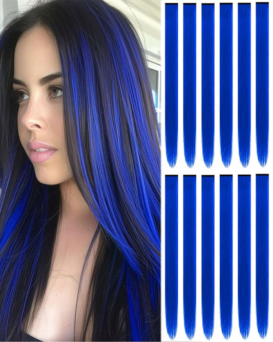 FARRUIS 22 Inch Colored Hair extension 12 Pcs Blue Clip in Hair Extension for Women Girls Kids Synthetic Highlight Hair Piece for Party Halloween