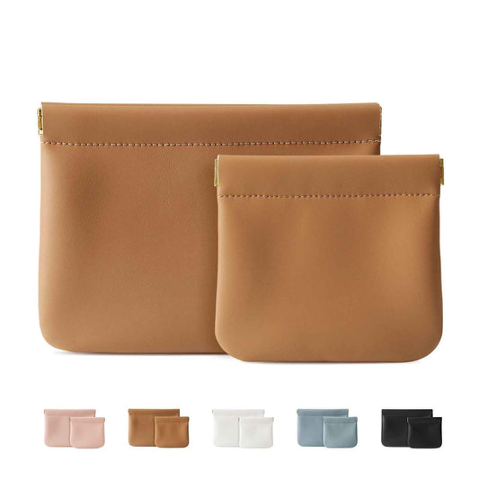 MEIBOOCH 2 Pack Small Makeup Bag for Women, New Organosilicon Super Fiber Leather Mini Cosmetic Bag for Travel, Coin Purse Organizer Storage Pouch (Brown)