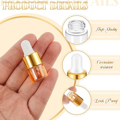 Didaey 200 Pcs Mini Glass Oil Dropper Bottle Bulk, Clear Essential Small Empty Bottles Sample Containers Perfume Liquid Vials with Cap for Traveling (1 ml,Gold)
