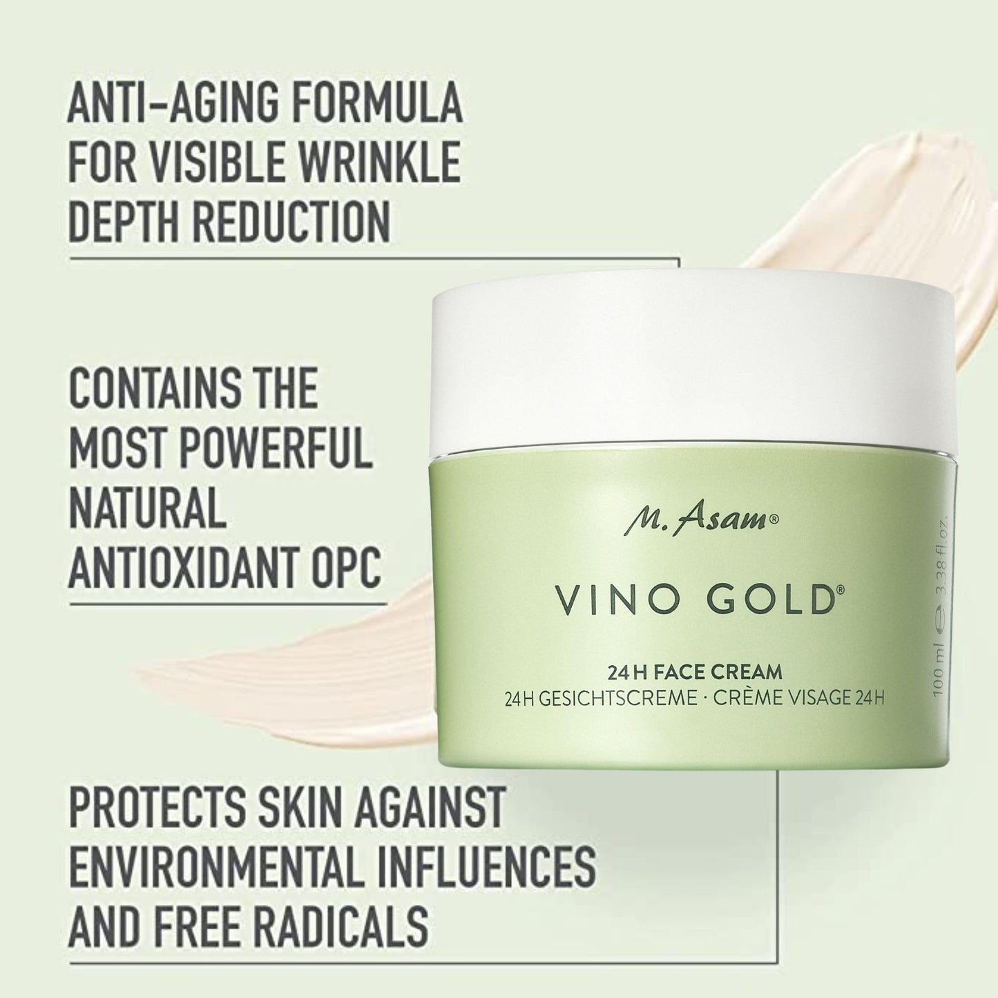 M. Asam VINO GOLD 24h Facial Cream (3.38 Fl Oz)- 24h day cream & night moisturizer against lines & wrinkles, protection against skin aging, anti-aging, vegan facial care, skincare for women.