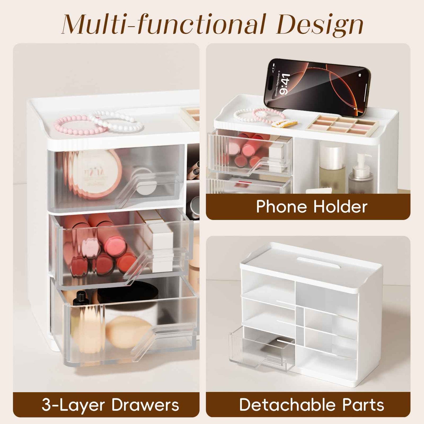 Small Makeup Organizer with Drawers, Stackable Bathroom Couneter Organizer with Phone Holder, Versatile Vanity Organizer Countertop, Cosmetic Organizer for Makeup Brush, Skin Care, Lotion -White,2Pack