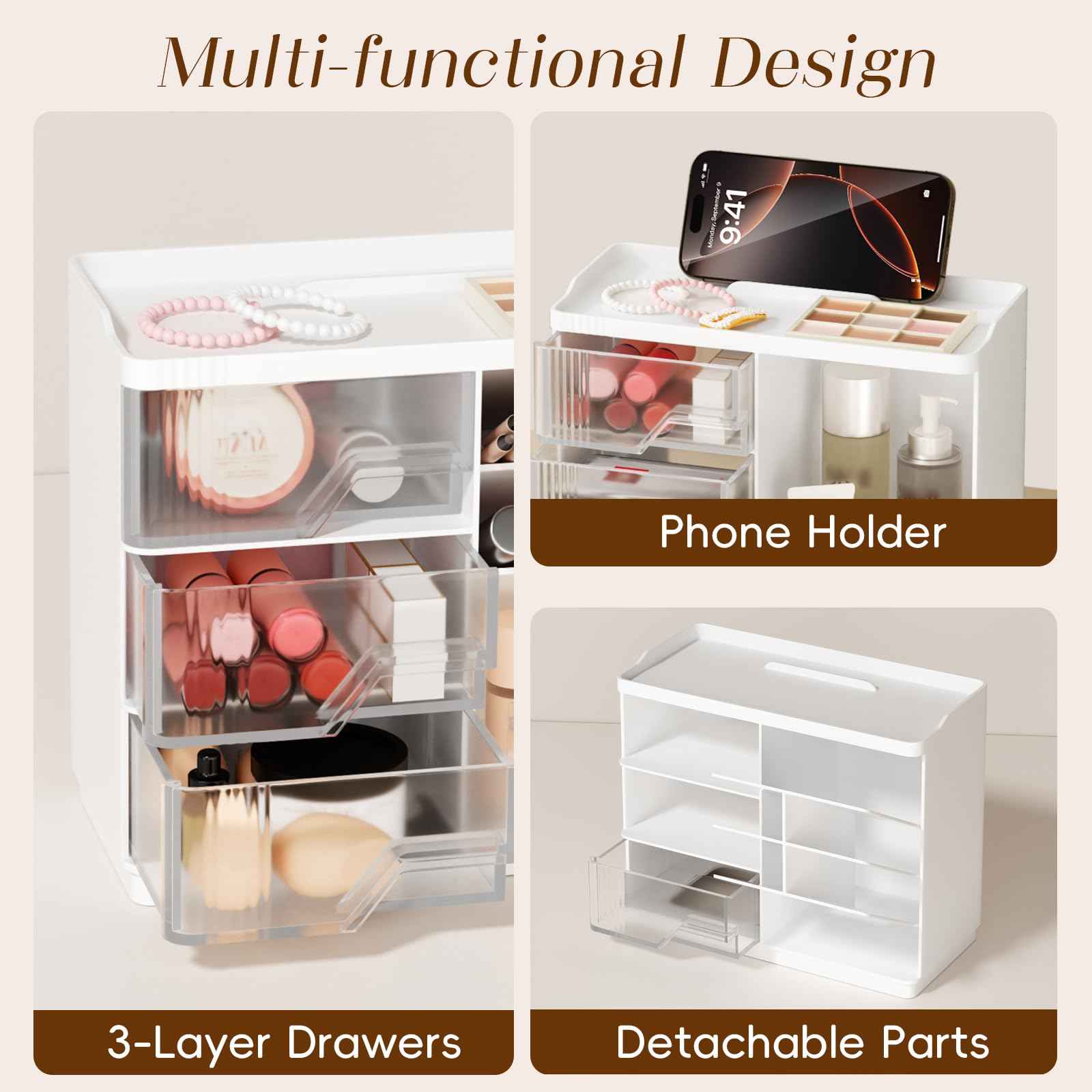 Small Makeup Organizer with Drawers, Stackable Bathroom Couneter Organizer with Phone Holder, Versatile Vanity Organizer Countertop, Cosmetic Organizer for Makeup Brush, Skin Care, Lotion -White,2Pack