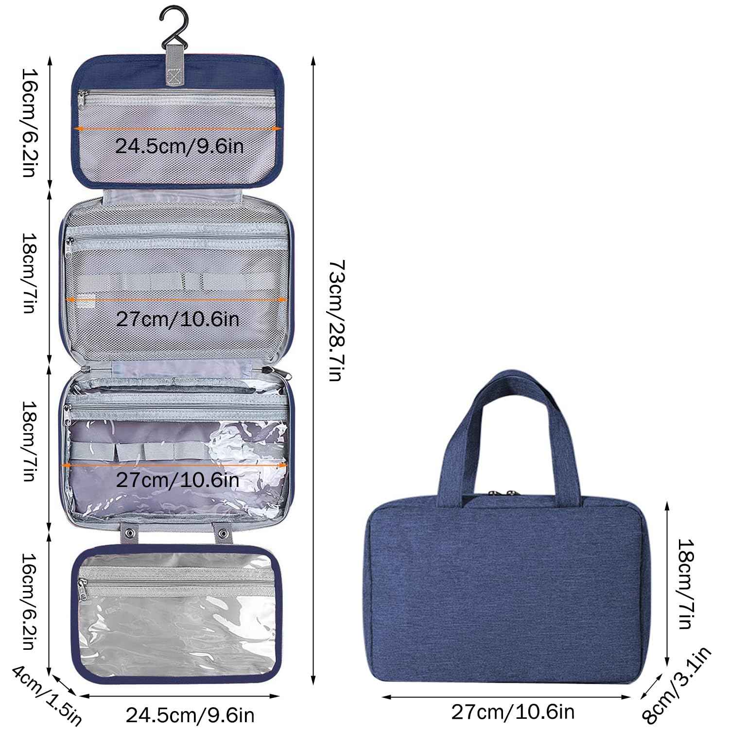 Beckykall hanging travel toiletry bag with Hanging Hook,Water-resistant Makeup Cosmetic Bag Travel Organizer for Accessories,Portable Toiletry Travel Organizer Bag (Navy blue, Large)