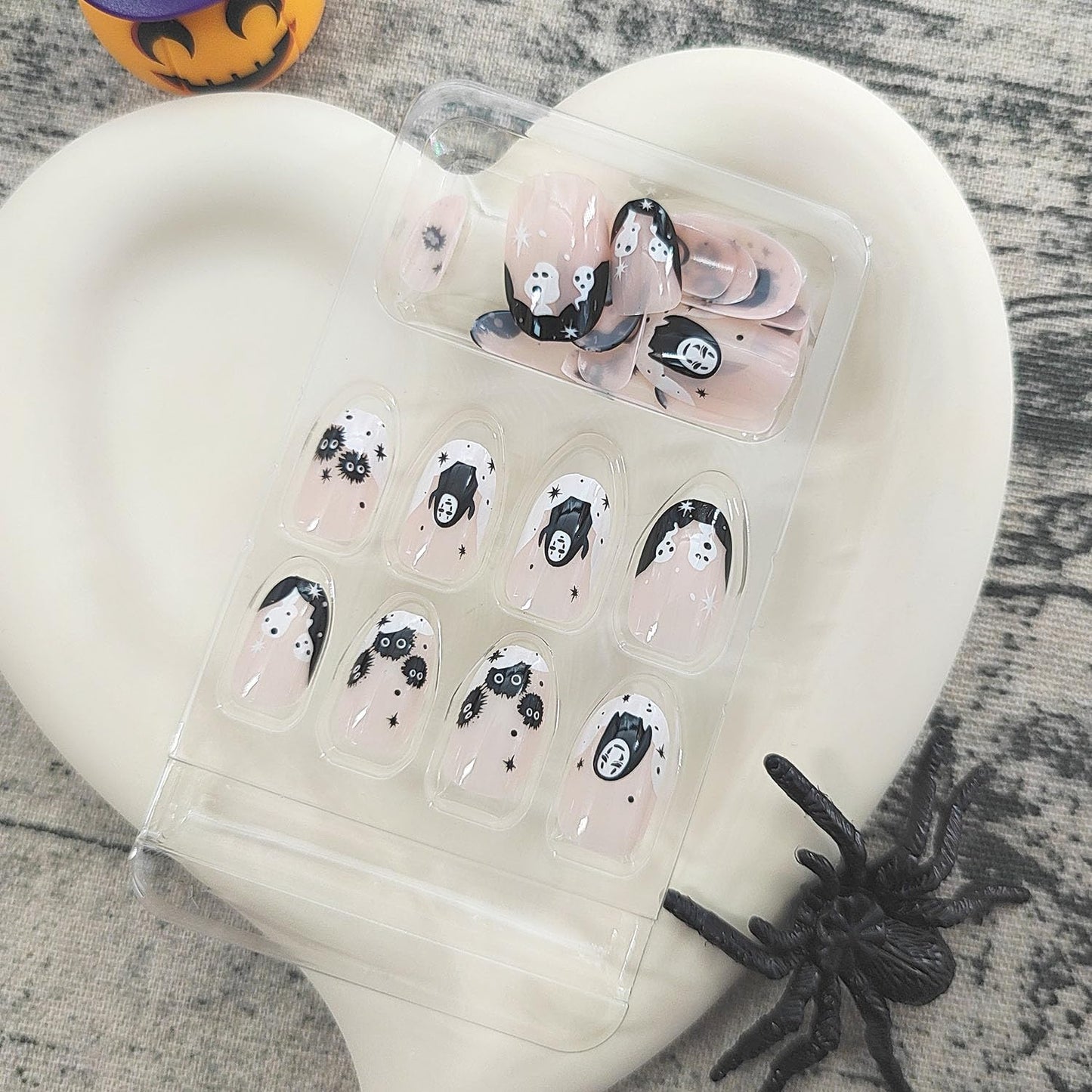 Halloween Fake Nails Short Press on Nails Almond Acrylic Nails White French Translucent Nails Press ons Black Ghosts Artificial Cute Halloween Stick on Nails Set