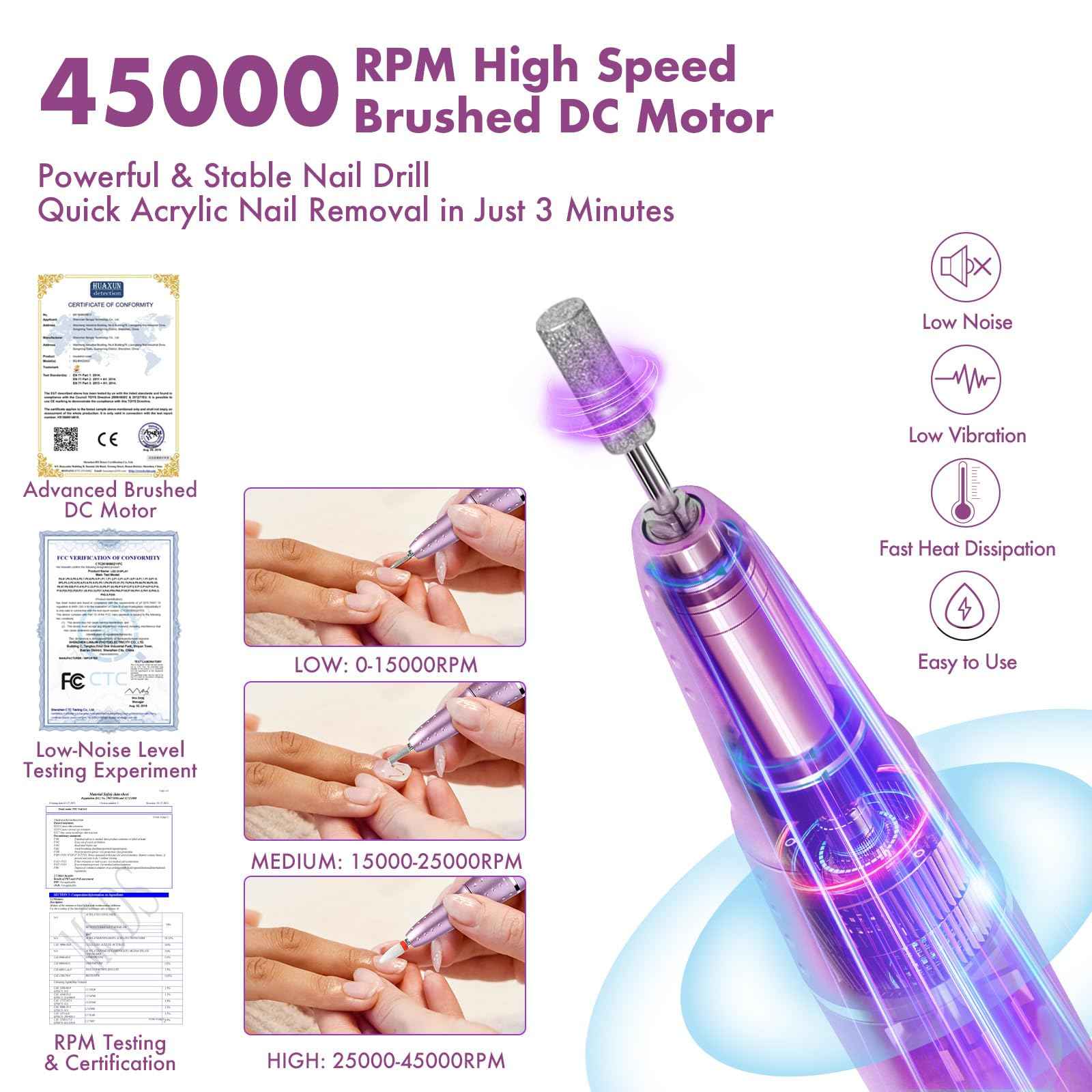 Vrenmol Nail Drill Professional: 45000 RPM Electric Nail File Smart Touchscreen Rechargeable Nail Dr Ill Kit Portable Nail Drill with 12 Drill Bits for Acrylic Nail Gel Polishing Removing Efile Salon