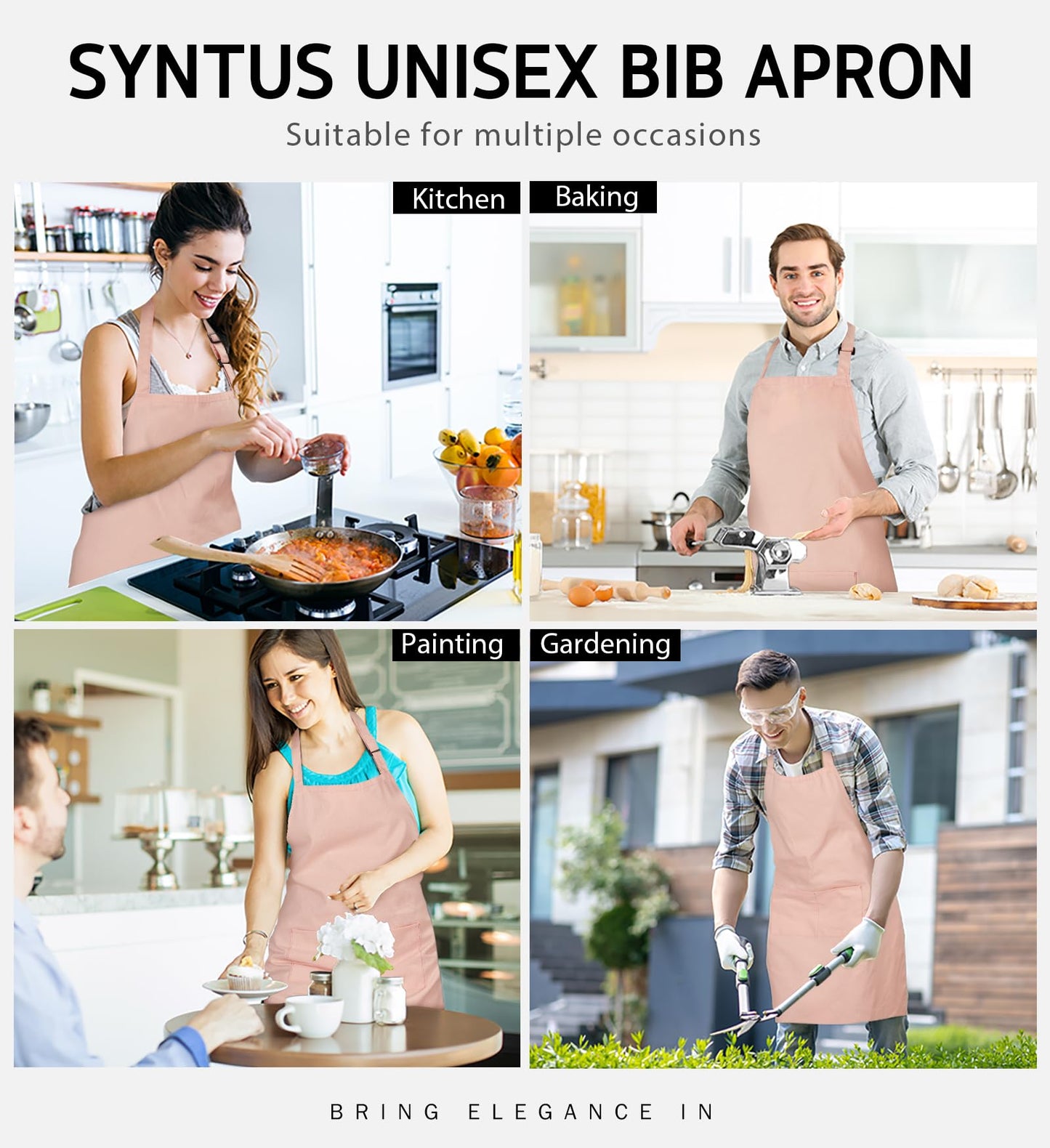 Syntus 2 Pack 100% Cotton Adjustable Bib Apron with 2 Pockets for Women, Kitchen Aprons for Cooking, Powder Pink