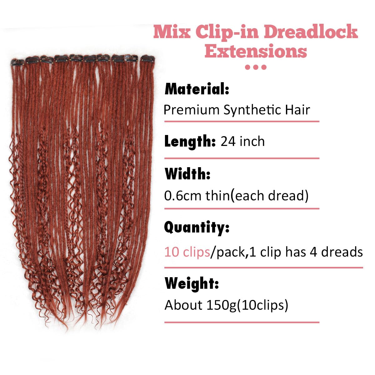 24 Inch Clip in Dreadlock Hair Extensions 10Clips 40 Strands Mixed Synthetic Dreads Extensions for Women,Handmade Soft Straight Boho Wavy Dreads, 350 Red