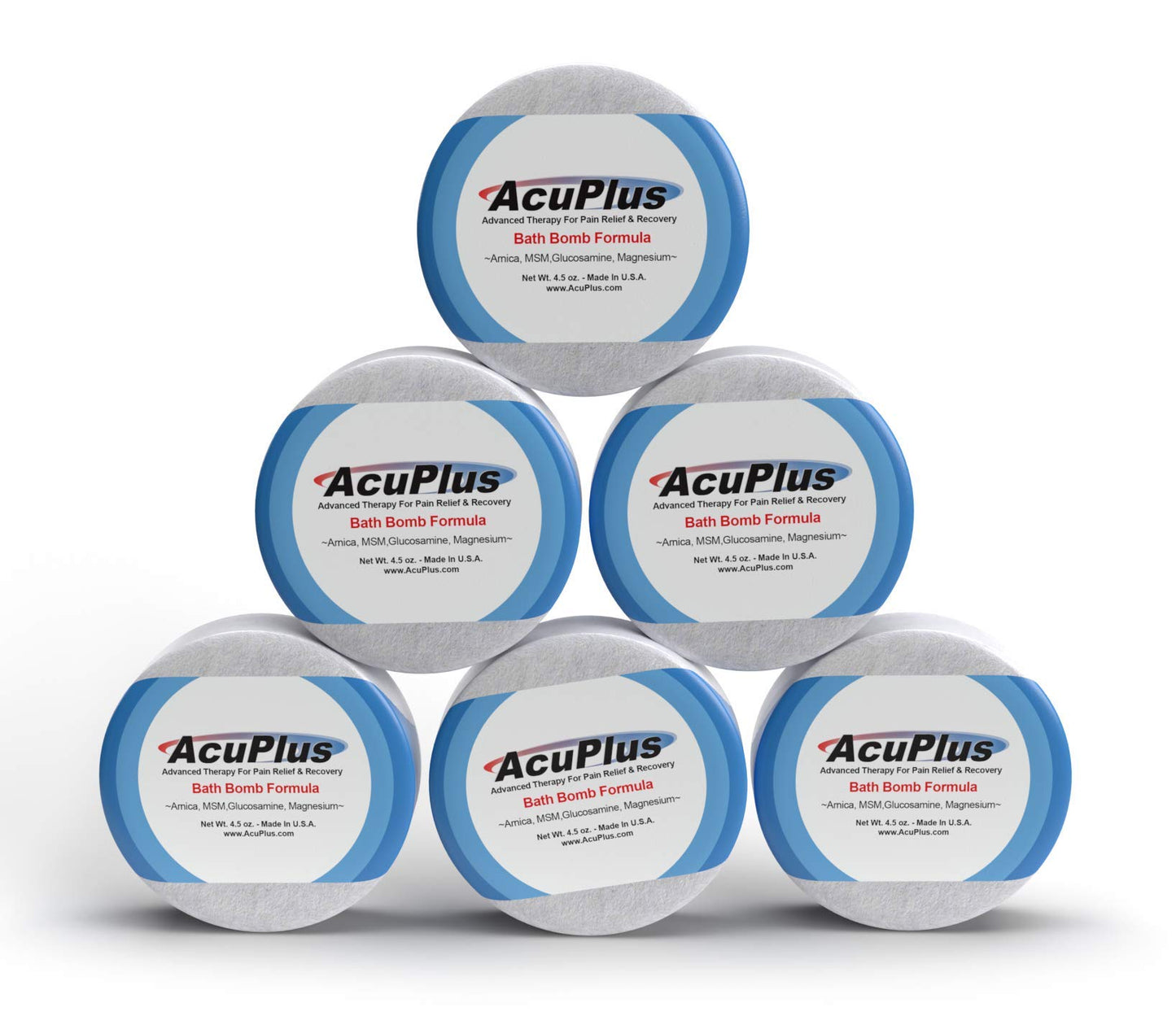 AcuPlus - Bath Bombs for Sore Muscles & Joints - Relaxing Bath Bombs for Women & Men with Arnica, Magnesium, Glucosamine, & Epsom Salt for Body Pain - 4.5 oz. Each, Pack of 6