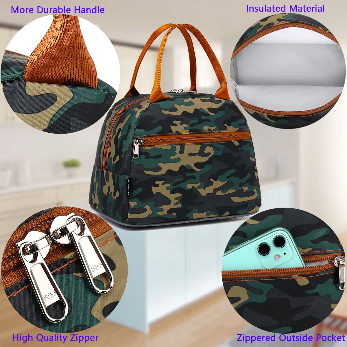 FlowFly Lunch Bag Tote Bag Lunch Organizer Lunch Holder Insulated Lunch Cooler Bag for Women/Men,Camo