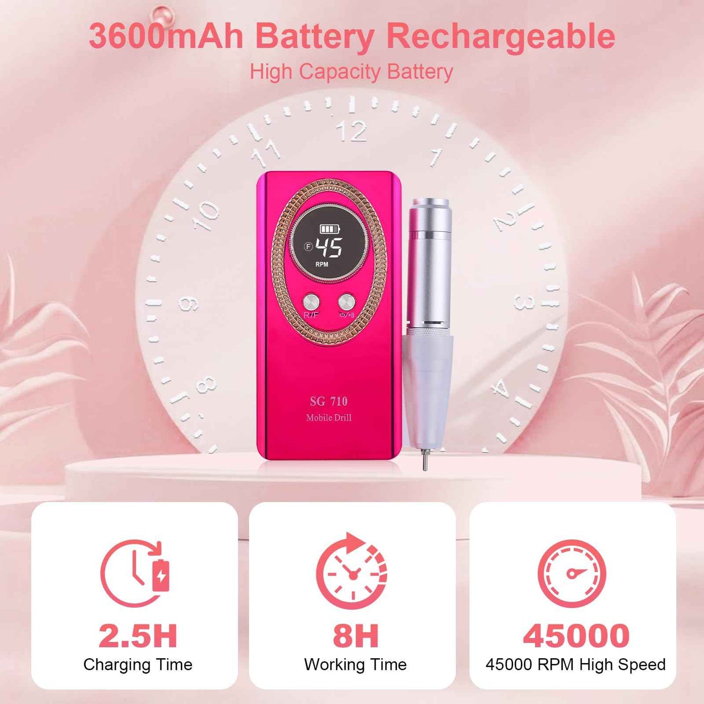 Nail Drill Machine Electric 45000RPM Rechargeable Portable Nail Drill Kit DIY Nail File Electric with Smart LCD Screen for Gel Nail Manicure and Pedicure Reflective Body etc(Crimson)