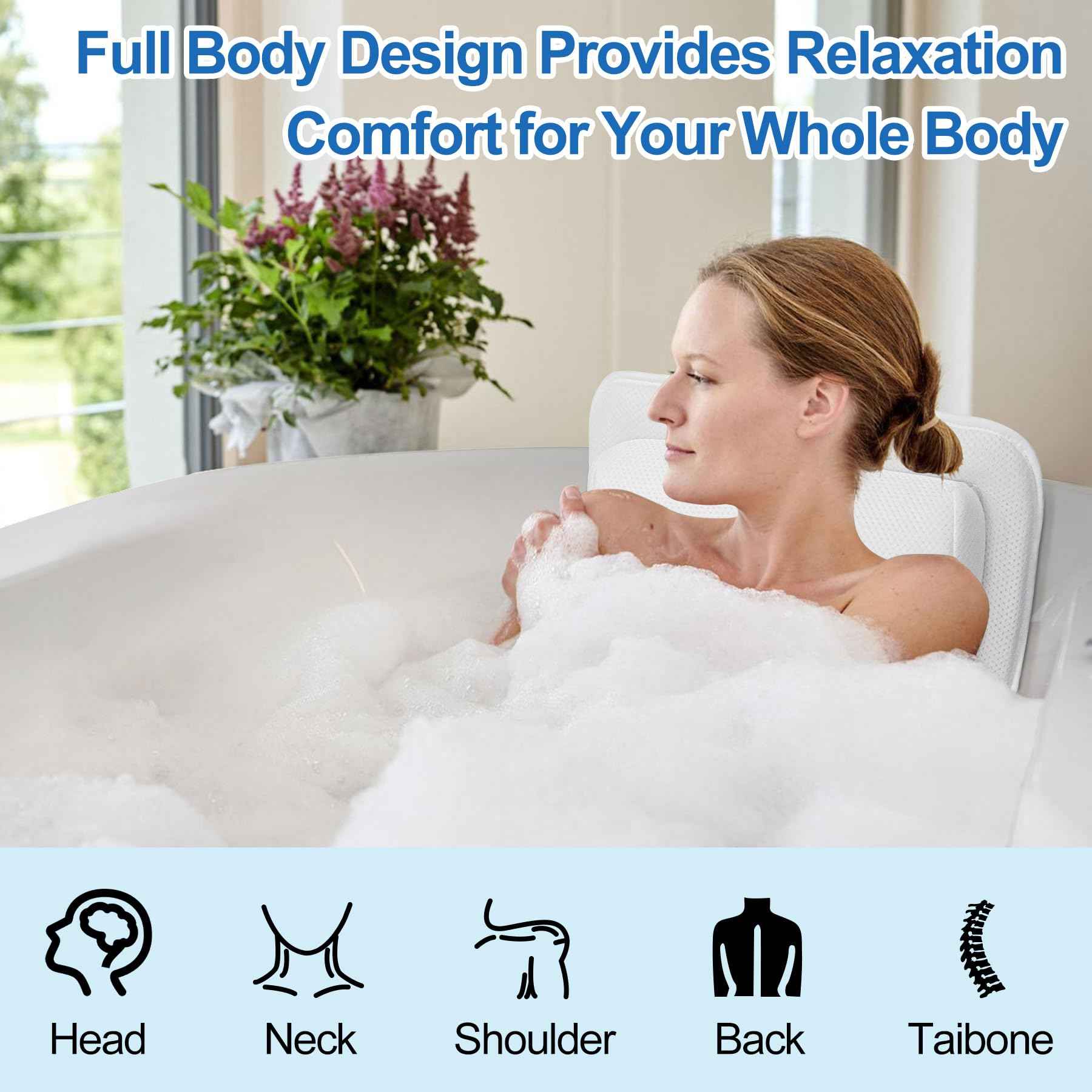 Chsuiwe Full Body Bath Pillow for Bathtub, Thick Bath Pillow for Tub with Non-Slip Suction Cups, Bathtub Cushion with Pillow, Luxury Tub Pillow for Bath, Headrest Neck and Back Support, 5D Air Mesh