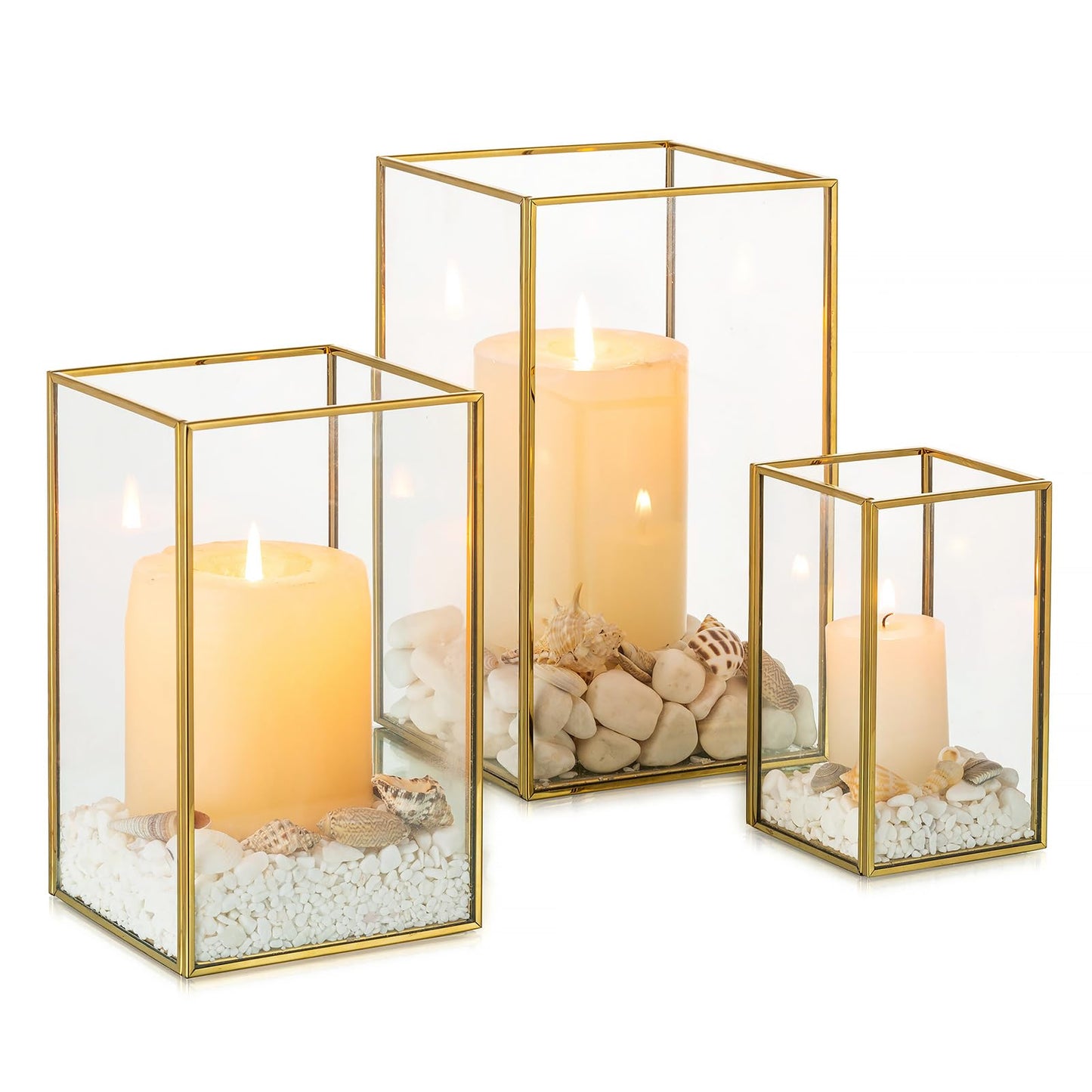 NUPTIO Hurricane Glass Candle Holders: 3Pcs Gold Lanterns Candle Holder for Pillar Candles Geometric Table Centerpiece for Outdoor & Indoor Wedding Christmas Holiday Party Decor 8.1 & 6.5 & 4.7 inch