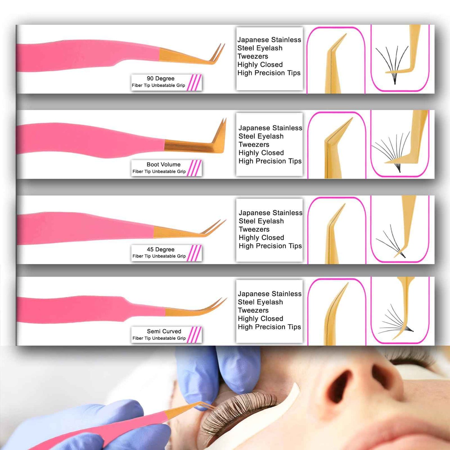 M LASH Eyelash Tweezers for Eyelash Extensions (Set of 4) - Professional Lash Extension Tweezers - Fiber Tip Lash Tweezers, Japanese Steel, Diamond Grip For Flawless Application (Black)