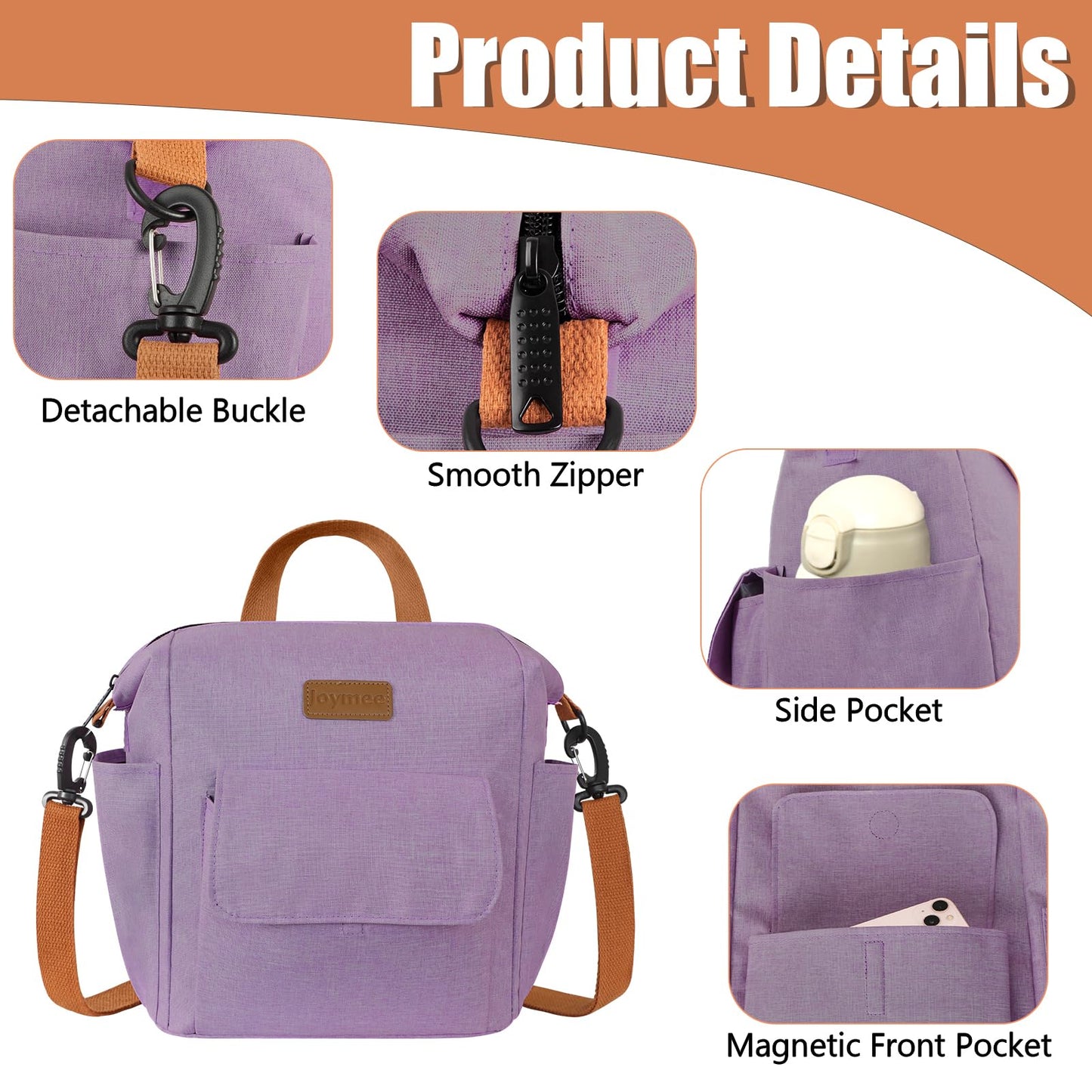 Joymee Insulated Lunch Bag for Women Men- Leak-proof Large Capacity Reusable Versatile Lunch Bag Adjustable Shoulder Strap Side Pockets- Lunch Cooler Bag for Adult - for Trip, Picnic, Work, Purple