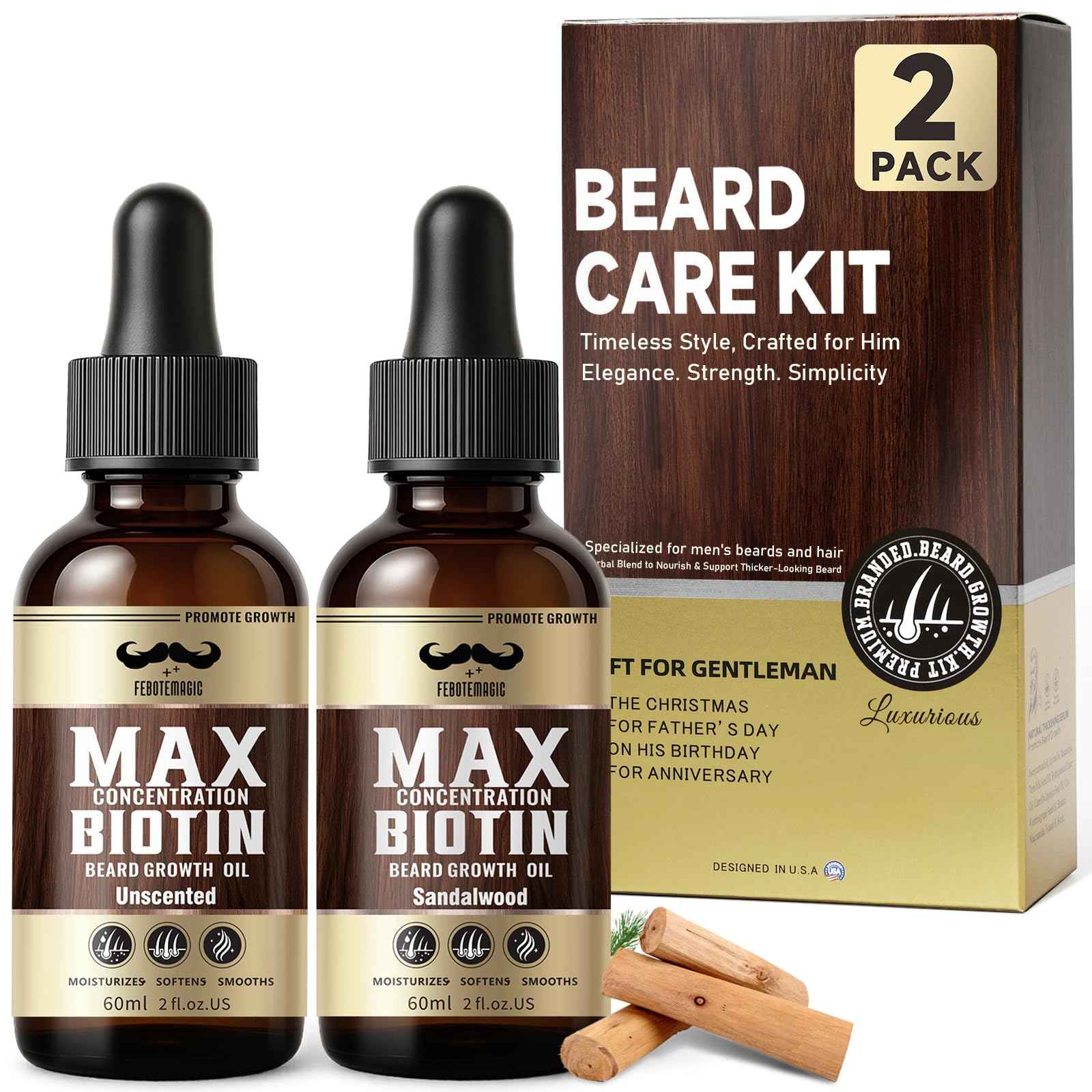 Biotin Beard Oil for Men Set – 2 Pack Unscented & Sandalwood Beard Oil Blended with Castor & Grape Seed Oil for Thicker, Softer, Moisturizing Beard – Gift for Father, Husband, Boyfriend – 4 oz