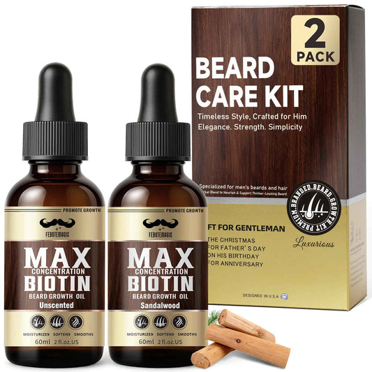 Biotin Beard Oil for Men Set – 2 Pack Unscented & Sandalwood Beard Oil Blended with Castor & Grape Seed Oil for Thicker, Softer, Moisturizing Beard – Gift for Father, Husband, Boyfriend – 4 oz