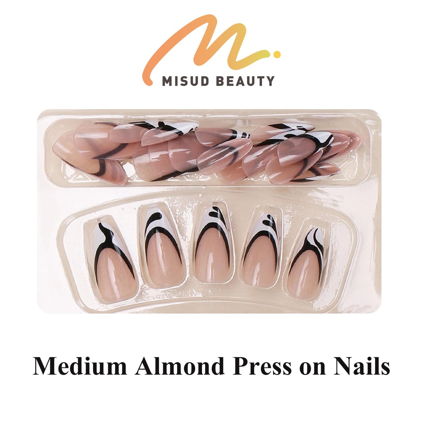 MISUD Press on Nails Medium Almond Fake Nails Glossy Glue on Nails Black White Swirl Acrylic Nails Stiletto Artificial Nails French Tip Stick on False Nails with Design 24 pcs