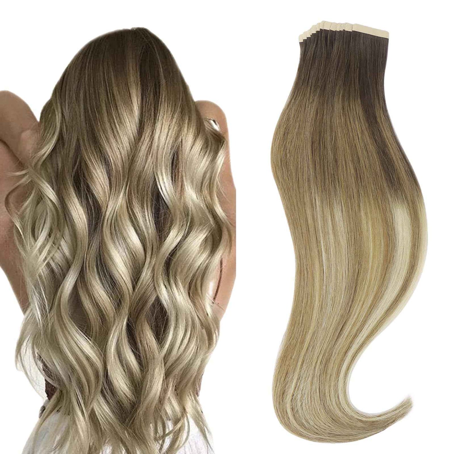 HOTBANANA Tape in Hair Extensions, 16 Inch 20pcs 50g Ombre Walnut Brown to Ash Brown and Bleach Remy Tape in Real Human Hair Extensions Straight