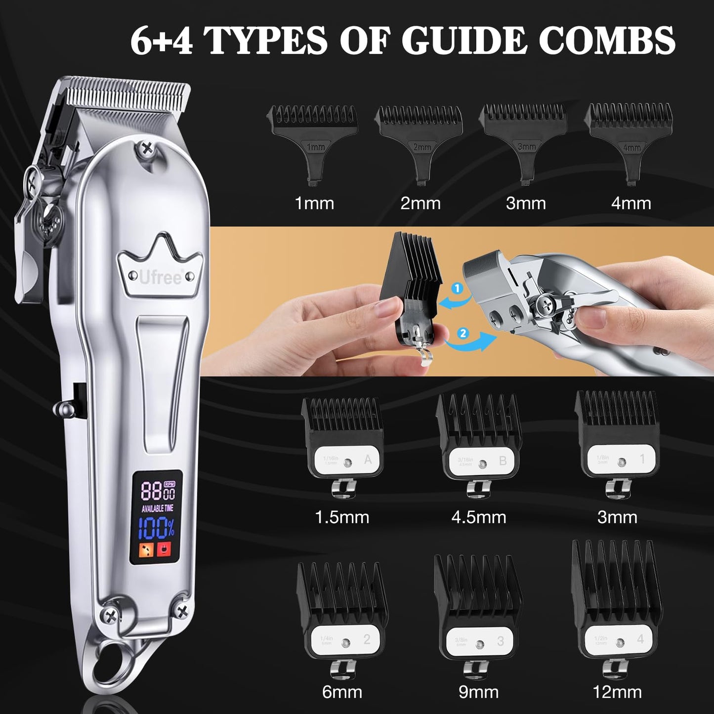 Ufree® Hair Clippers, Professional Beard Hair Trimmer, Cordless Barber Clippers Supplies, Hair Cutting Kit, T Liners Edgers Clippers, Birthday Gifts for Men Women, Silver