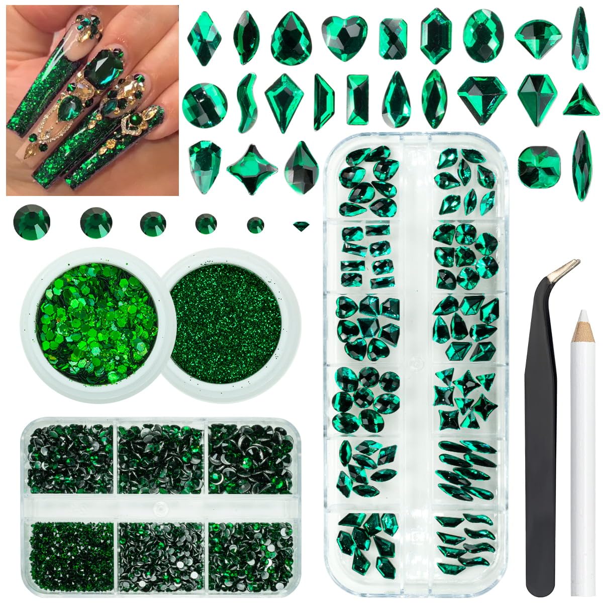 4 Boxes Green Nail Rhinestones Glitters Kit, 24 Shapes K9 Glass Emerald Green Gems Flatback Round Gems Stones Diamonds Crystals Nail Art Supplies Nail Charms for Acrylic Nails Faces Body DIY Crafts