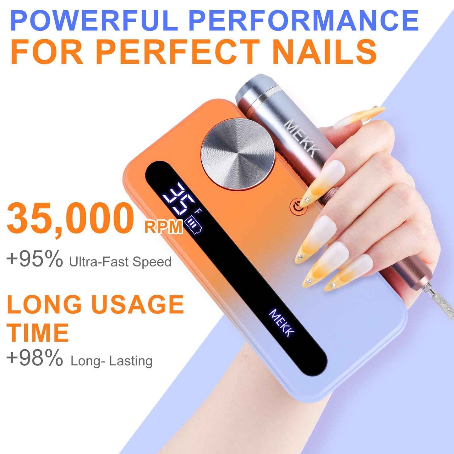 MEKK Nail Drill Kit,35000RPM Electric Nail Drill Professional Electric Nail File with 12PCS Bits,Anti-Shaking Cordless E Filer for Nails,Home & Salon(Orange Blue)