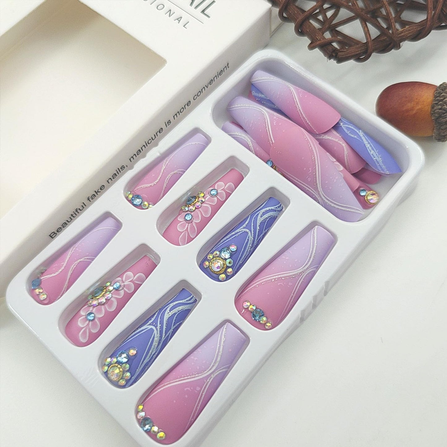 Coffin Press on Nails Long Petal Glue on Nails Swirls Fake Nails Pink & Purple Full Cover Acrylic Nails Matte False Nails with Rhinestones Designs Ombre Stick on Nails for Women 24Pcs